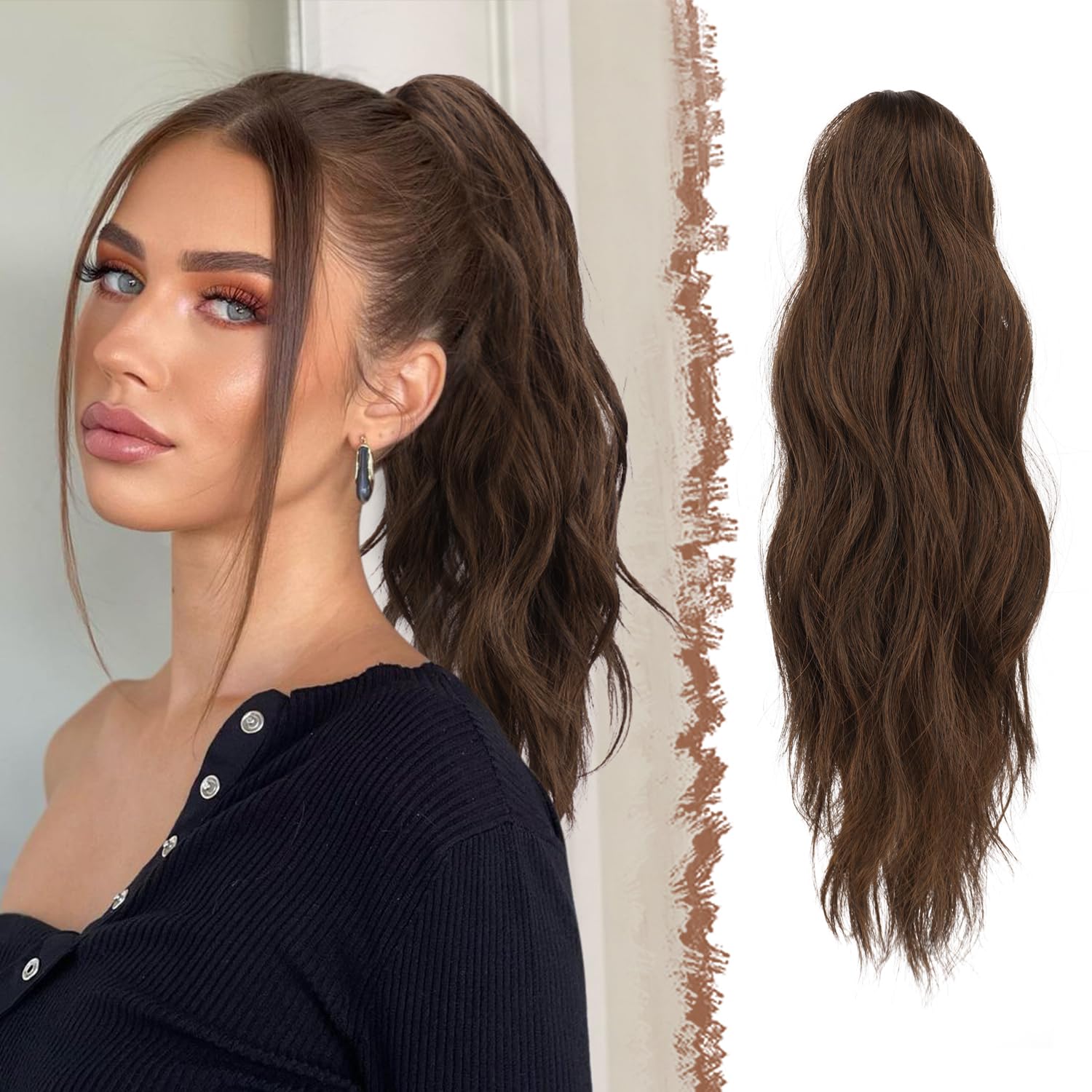 FESHFEN Ponytail Extensions, Long Claw Clip in Ponytail Hairpiece Synthetic Pony Tails Hair Piece Natural Wavy Hairpieces for Women, 20 inch Brown &