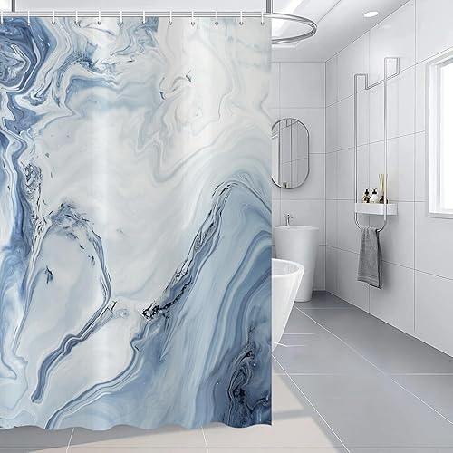 Miniatura 7 de deFouliao Cortina de ducha azul con diseño de mármol moderno abstracto para decoración del hogar, tela impermeable lavable con ganchos, 72 x 72