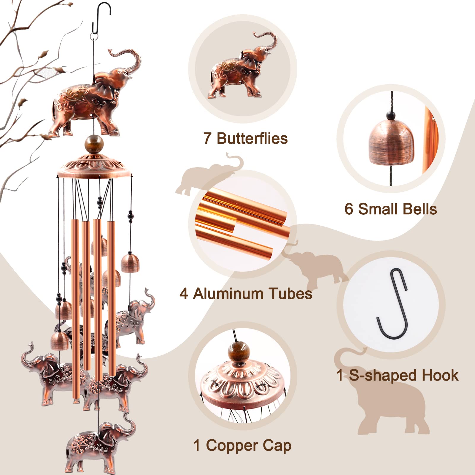 Wind Chimes Outdoor Clearance, Ukulork Elephants Aluminum Tube Windchime with S Hook,Patio Garden Decor, Housewarming Gift.