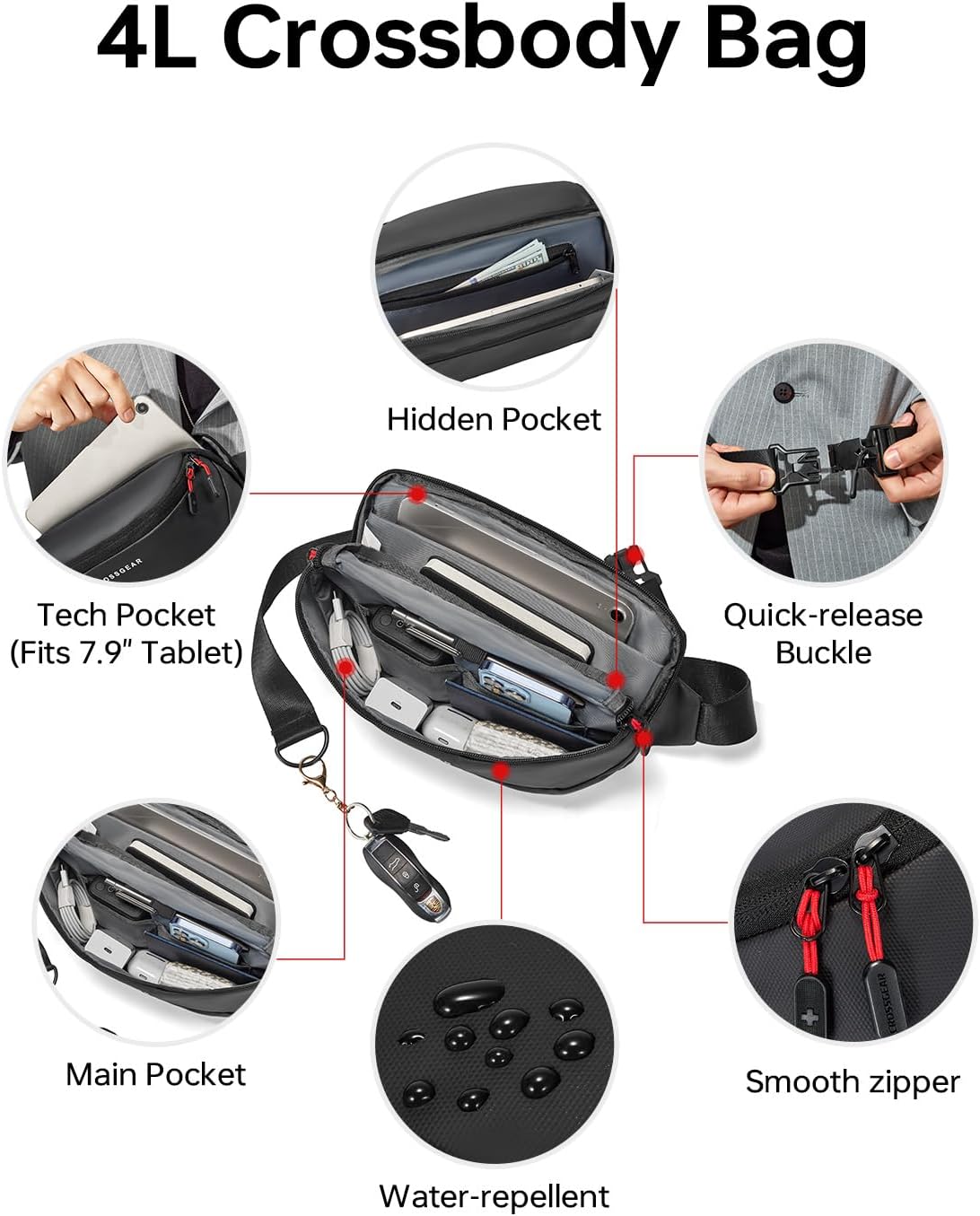 CROSSGEAR 17.3'' Laptop Backpack for Men Women with Crossbody Sling Bag Set, Backpack for Travel with USB-A & USB-C Port, Water-Resistant Business Computer Backpack for Men Work College, Black