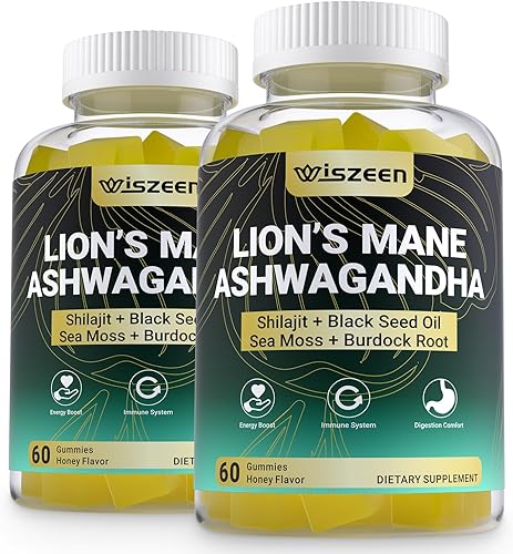 Gomitas de melena de leones Ashwagandha, suplemento de melena de león Ashwagandha con shilajit, musgo marino, aceite de semilla negra para adultos,