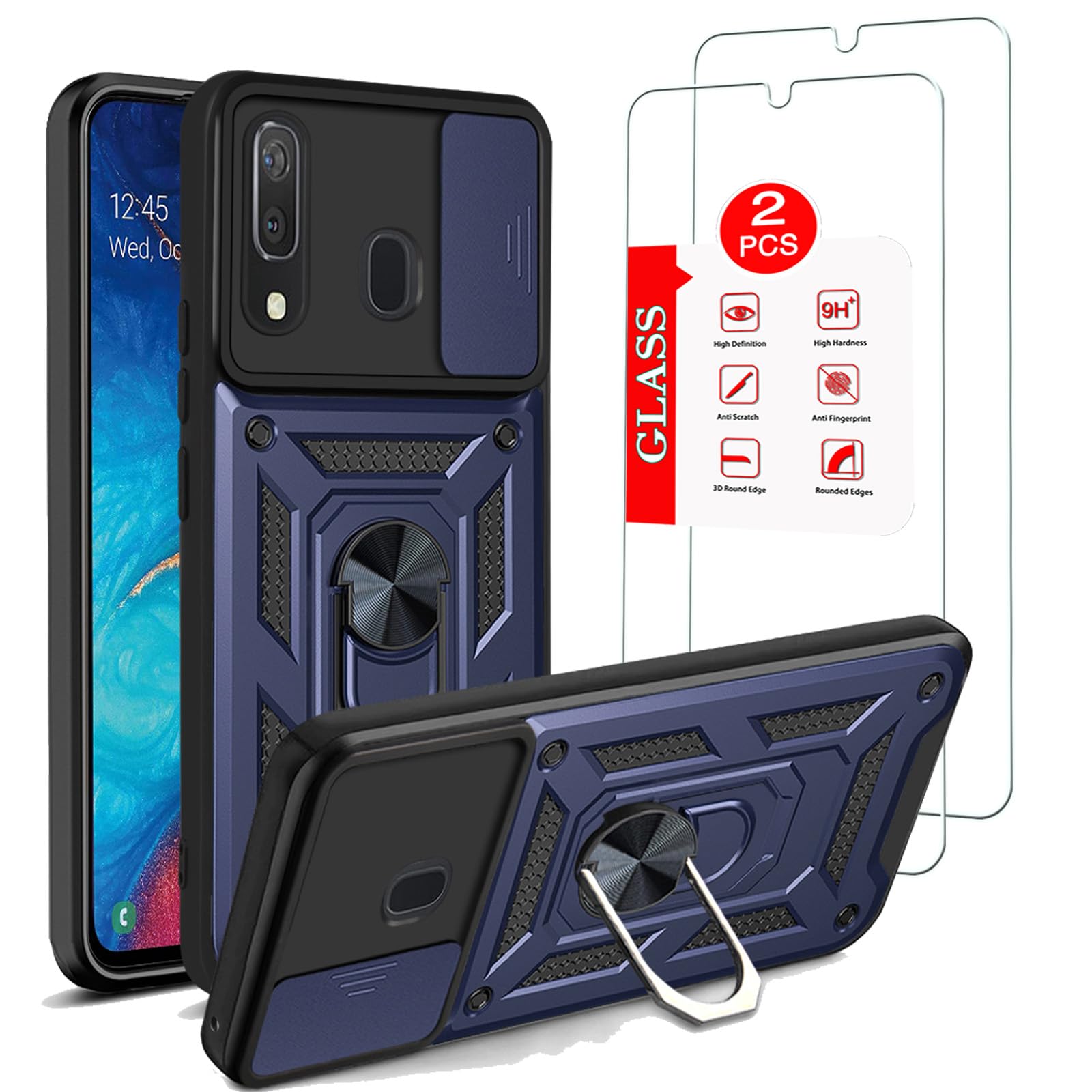 Photo 1 of Anvzle for Samsung Galaxy A20/Galaxy A30/Galaxy A50 Case with [2 Pack] Tempered Glass Screen Protector, [Military-Grade] Protective?with Lens Protects Magnetic Kickstand Car Mount Holder Case Blue