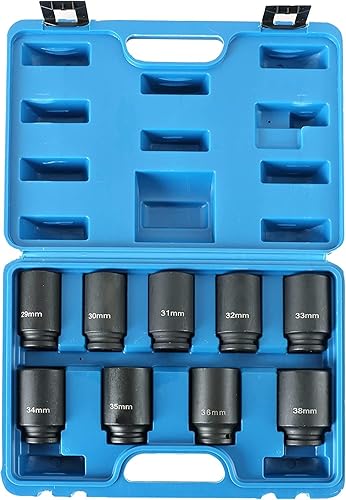 ATPEAM Juego de llaves de vaso de impacto profundo de 12 pulgada, 9 piezas, 6 puntos, eje métrico, juego de llaves de vaso jumbo de 1.142 in a 1.496
