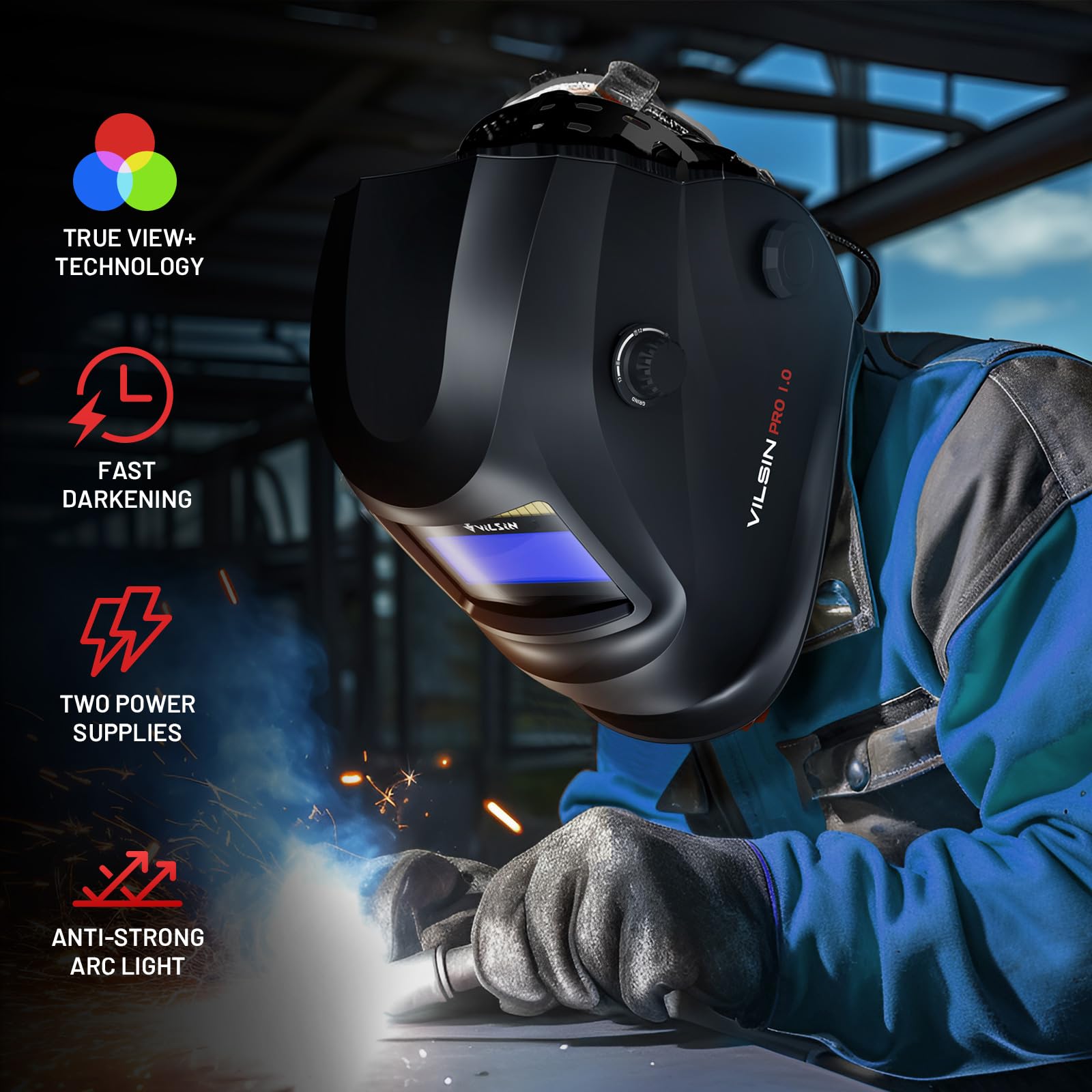 Casco de soldadura, oscurecimiento automático, capucha de soldadura, gran visión, color real, funciona con energía solar con 2 sensores de arco, pantalla ancha 3/4-8/9-13 para molienda de soldadura de