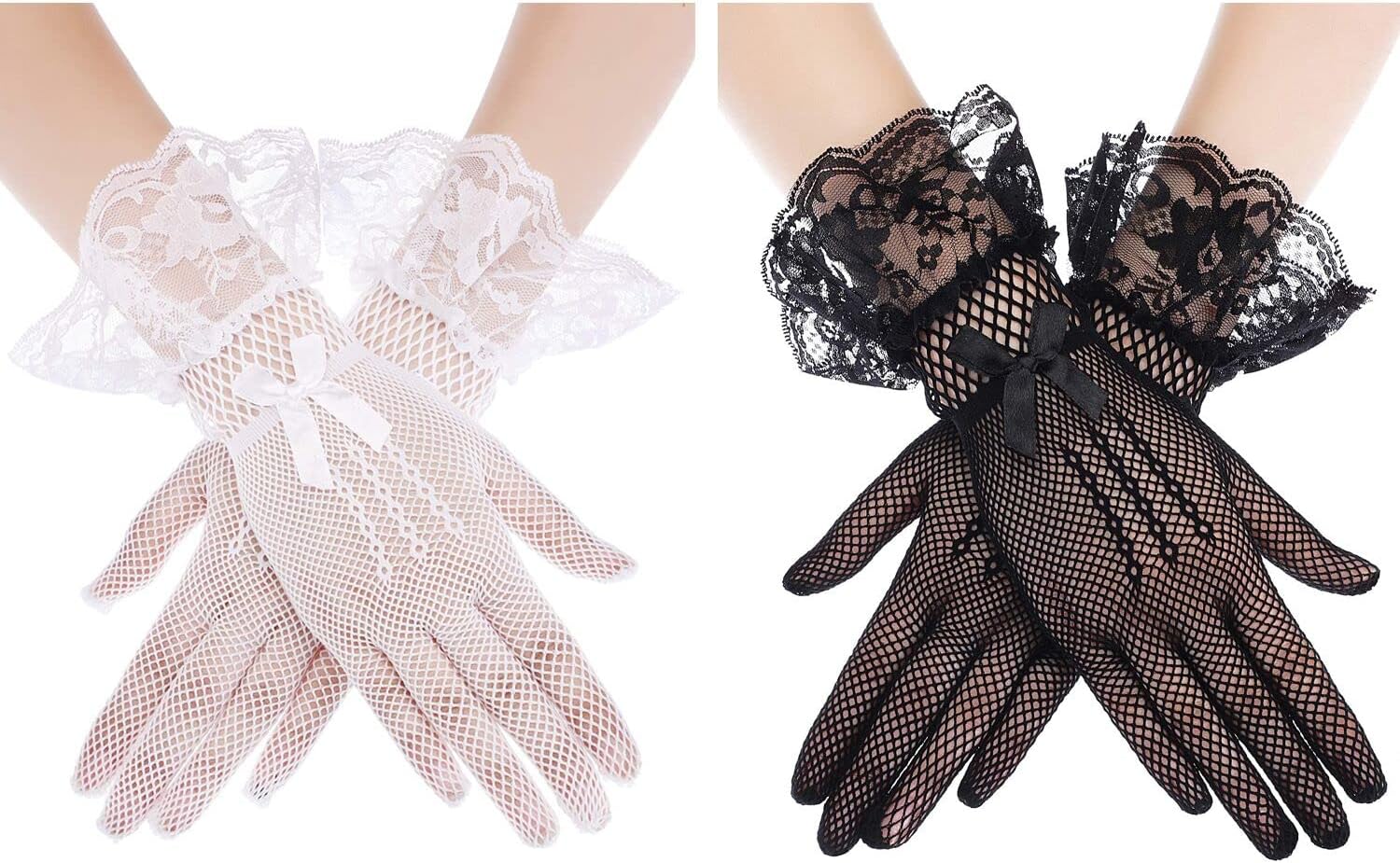 2 Pairs Stretchy Lace Gloves Flapper Mesh Glove for Wedding Gift Opera Evening Tea Party, One Size, Black and White