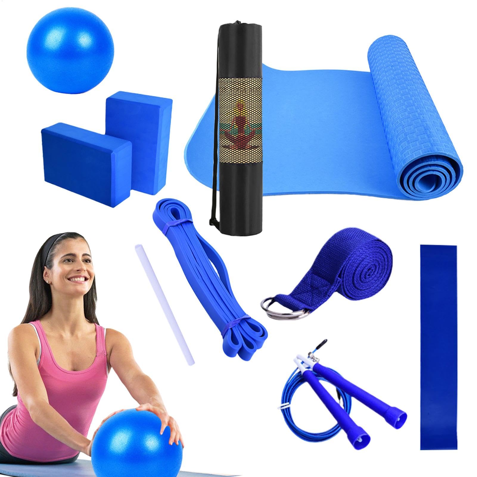 Zestaw do jogi, antypoślizgowa mata do ćwiczeń, taśma oporowa i taśma rozciągliwa, kompletny zestaw do ćwiczeń z klockami do jogi, do domu, siłowni, pilates, elastyczny trening, 1 zestaw