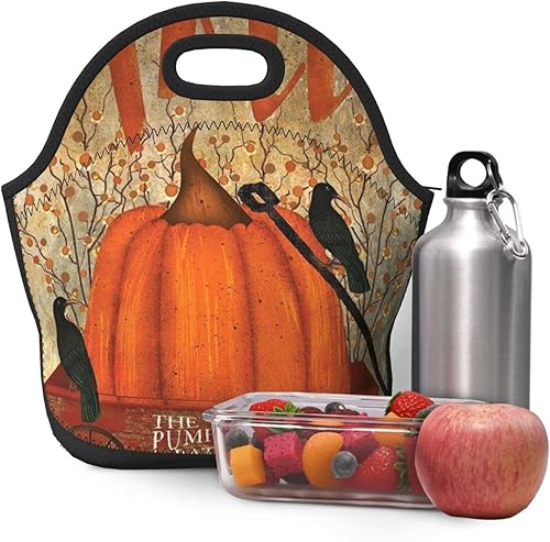 Miniatura 8 de Bolsa de almuerzo de neopreno para mujer, estilo vintage, con estampado de calabaza de otoño, con aislamiento térmico, reutilizable, hielera, caja