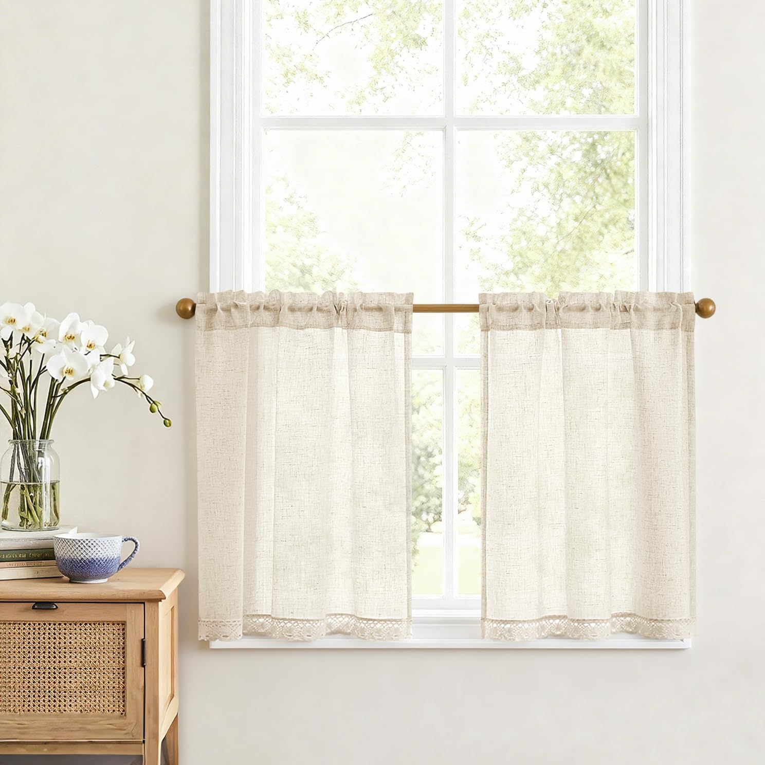 Vangao Scheibengardine Leinen Bistrogardine Halb Transparent Privatsphäre Uni Gardine Sheer Vorhang Paarig Schals Fensterschal