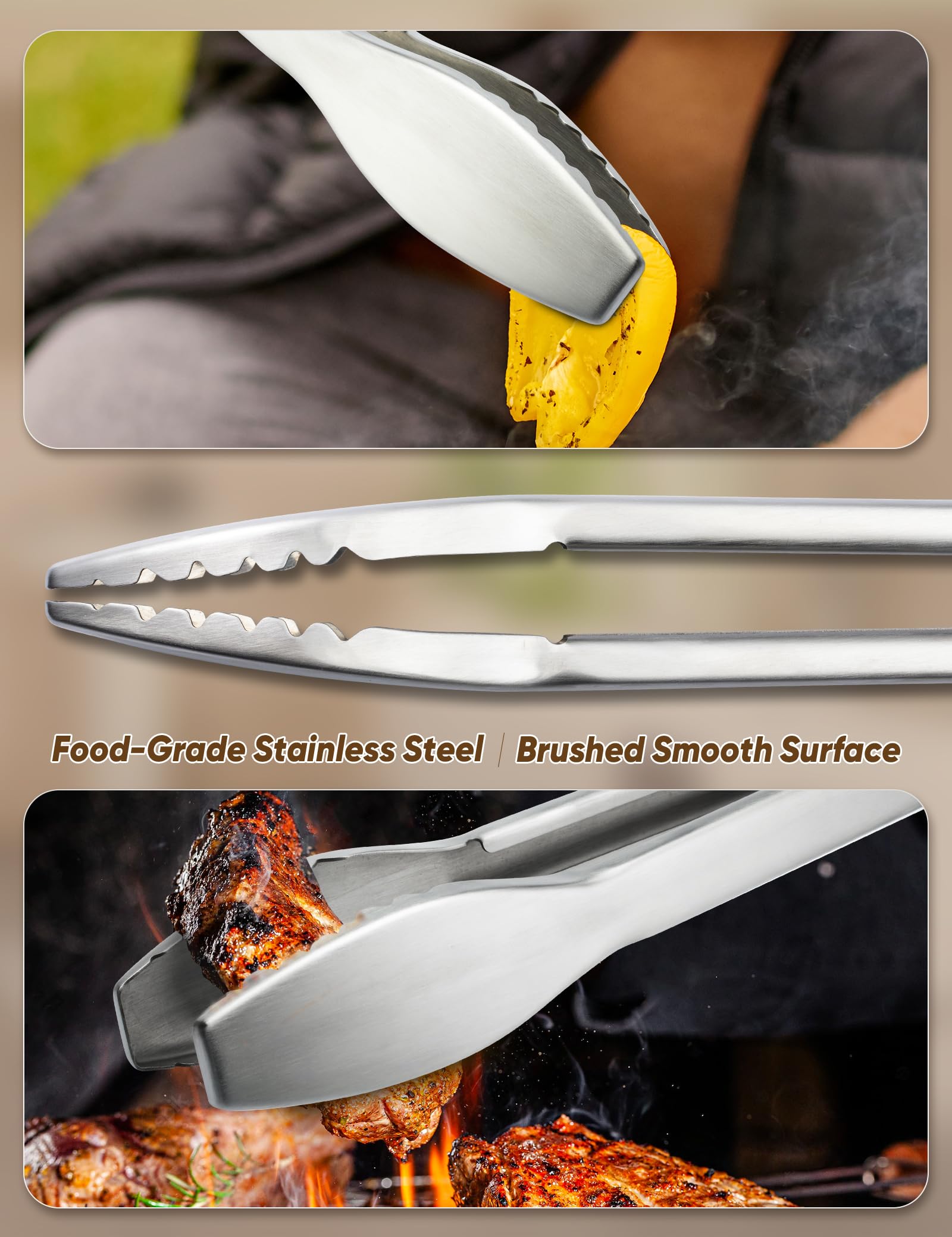 25" Extra Long BBQ Tongs with Wooden Handle, Heavy Duty Stainless Steel Metal Tongs for Charcoal, Grilling, BBQ, Barbecue, Cooking — view 2