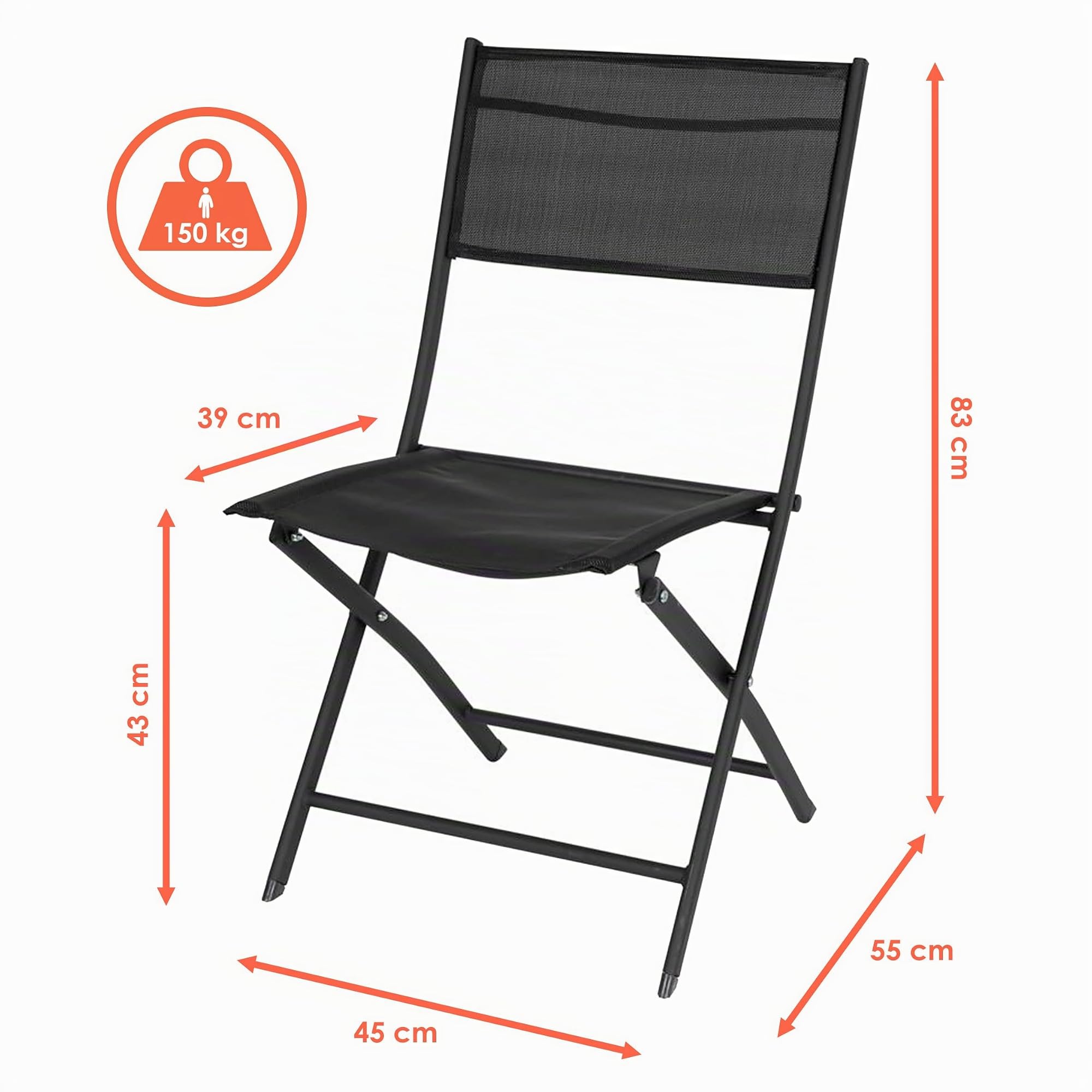 Spetebo Chaise de Jardin Pliante pour Balcon et Terrasse - Noire - 83 x 55 cm - En Acier et Textile - Pour Camping - Toile Texteline