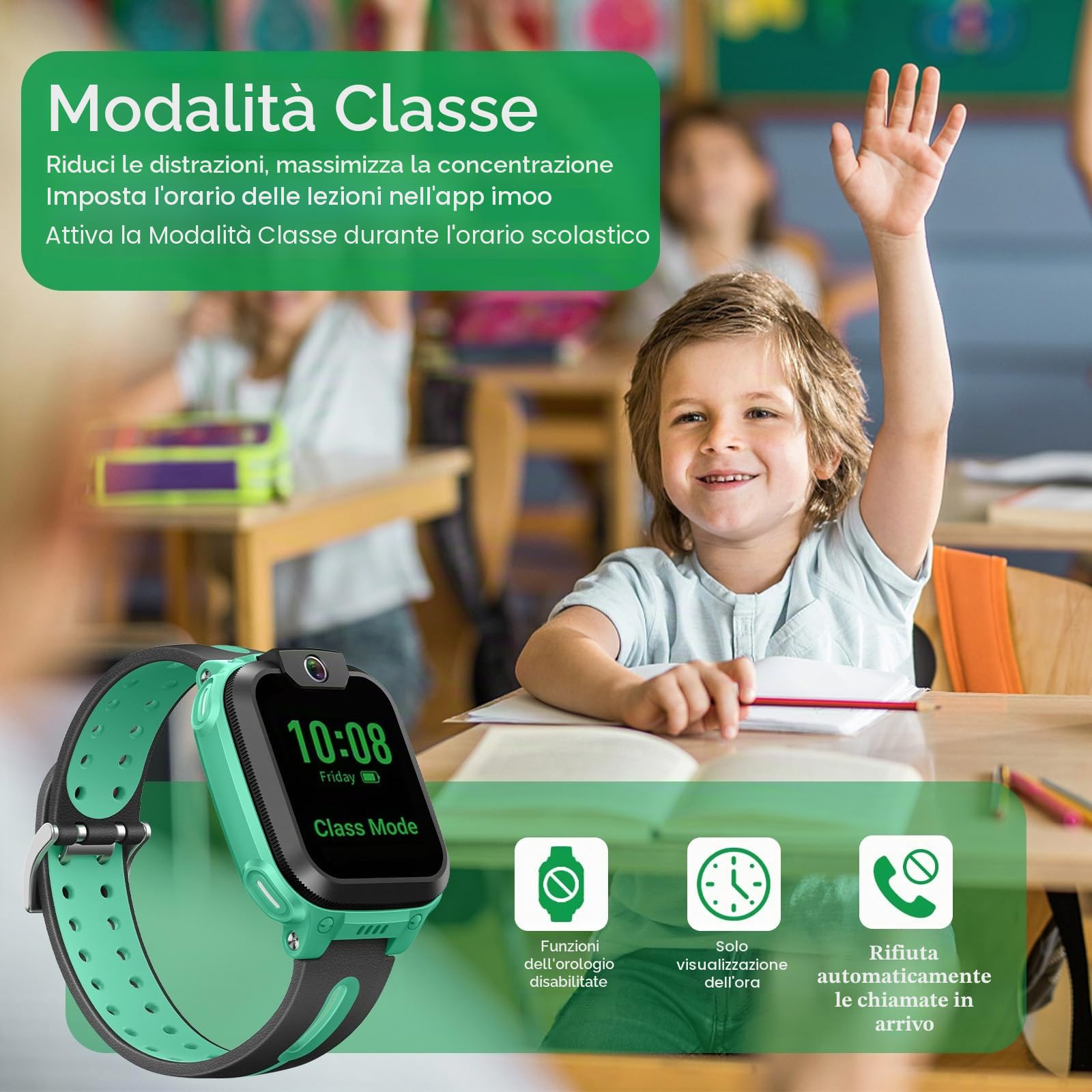 imoo Watch Phone Z1, smartwatch 4G per bambini con videochiamate HD, smartwatch per bambini con posizionamento GPS in tempo reale, IPX8 resistente all'acqua (verde scuro)