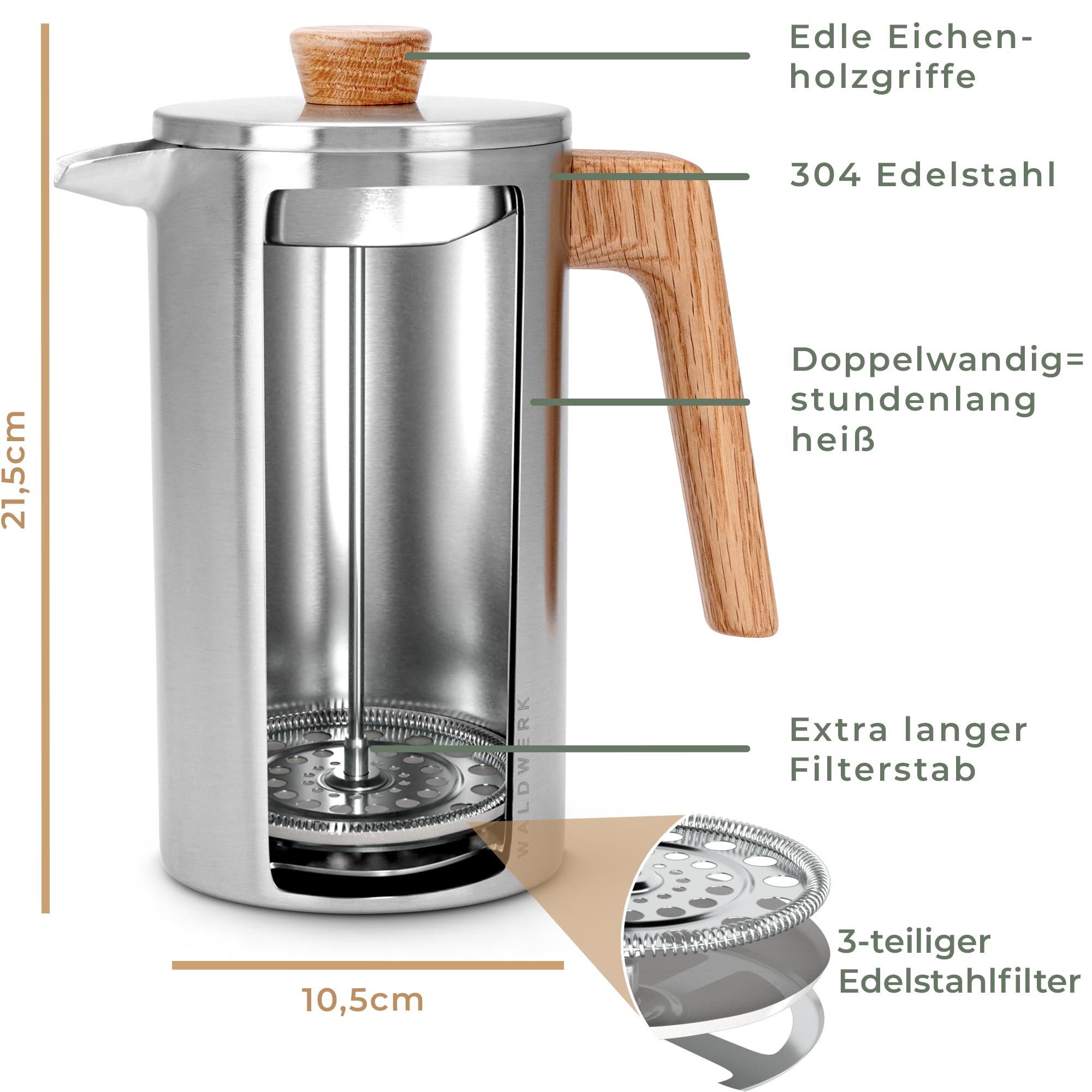 WALDWERK French Press (1L) - Kaffeebereiter aus ​​doppelwandigem Edelstahl mit Holzgriff aus Eichenholz - plastikfreier Kaffeezubereiter