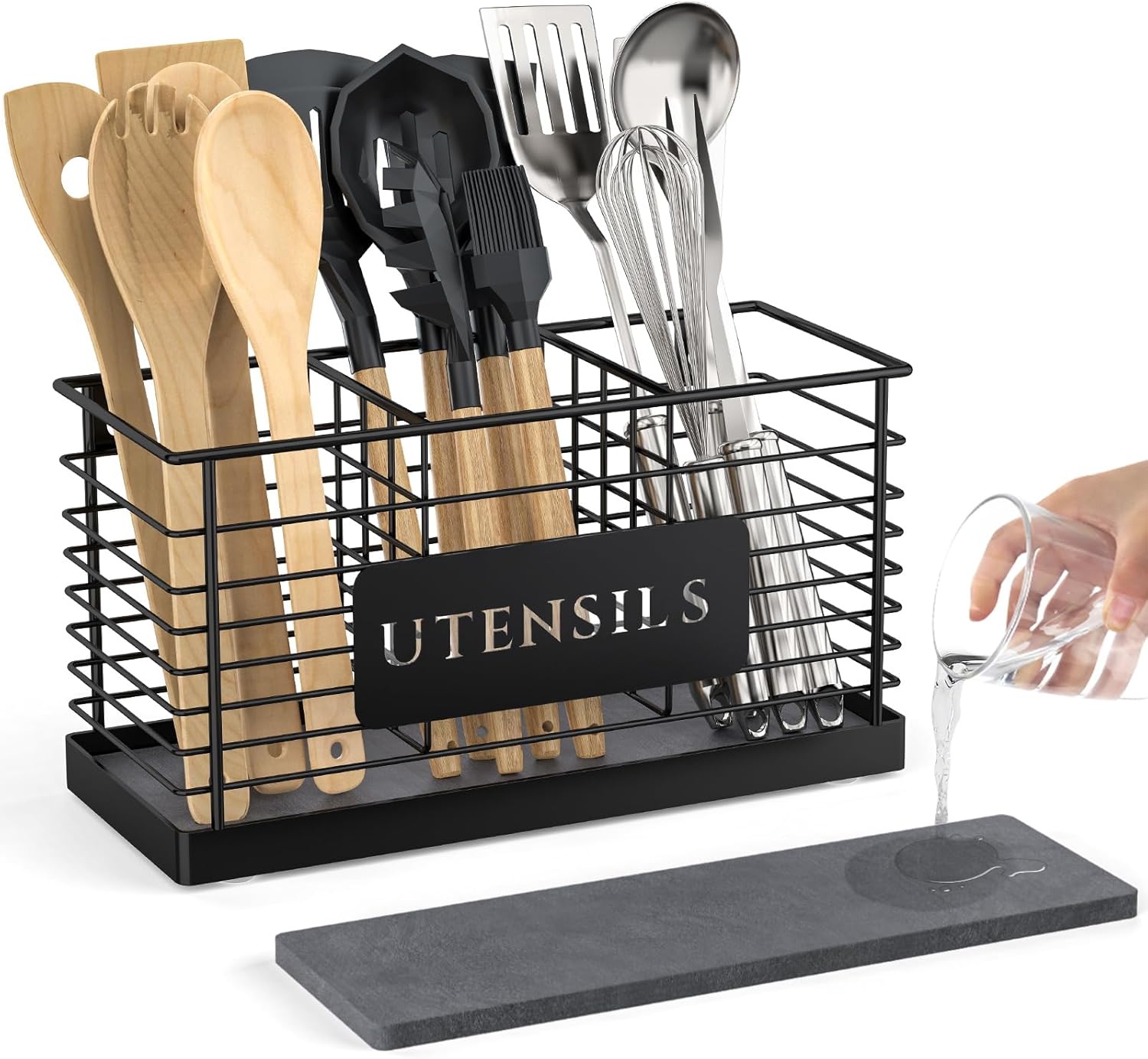 THYGIFTREE Utensil Holder for Kitchen Counter with Diatomaceous Earth Base, Large Black Metal Cooking Tool Organizer with 3 Compartments, Countertop Utensil Holder for Spatula and Kitchen Utensils