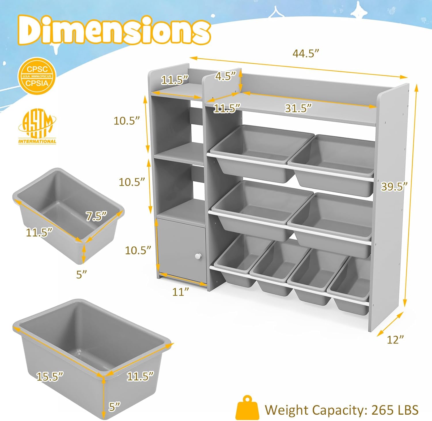 Kids Toy Storage Organizer, 4-Tier Multi-Functional Bookcase w/8 Removable Storage Bins & Large Cabinet, Children Toddler Bookshelf and Toy Organizer for Playroom, Nursery, Daycare (Grey)