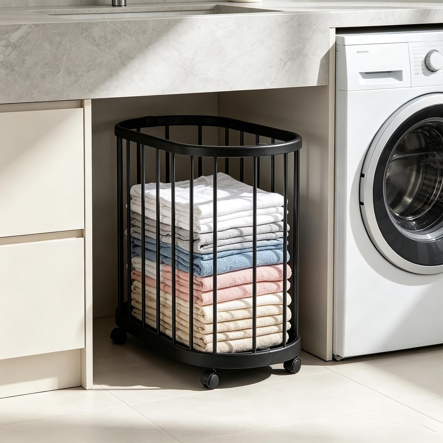 Floor Laundry Hamper with Wheels, Modern Laundry Basket Rolling Storage Dirty Clothes Basket with Handle Metal Clothes Hamper Organizer for Laundry Room Bathroom Bedroom Dorm