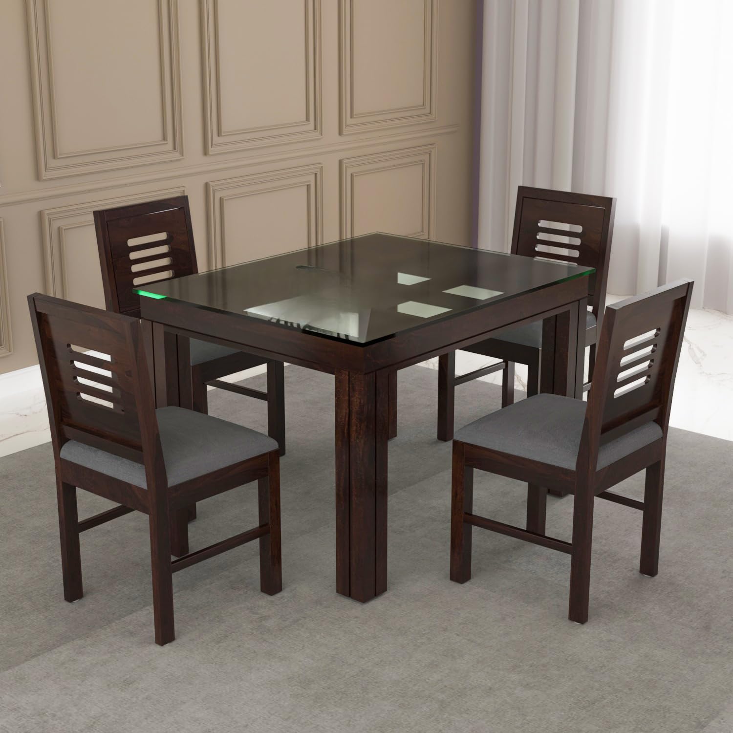 solid sheesham wood dining glass top table set of 4| wooden 4 seater dining table with 4 chairs with cushion|wood dining table & chairs for home, restaurant, cafe,dining room|walnut finish