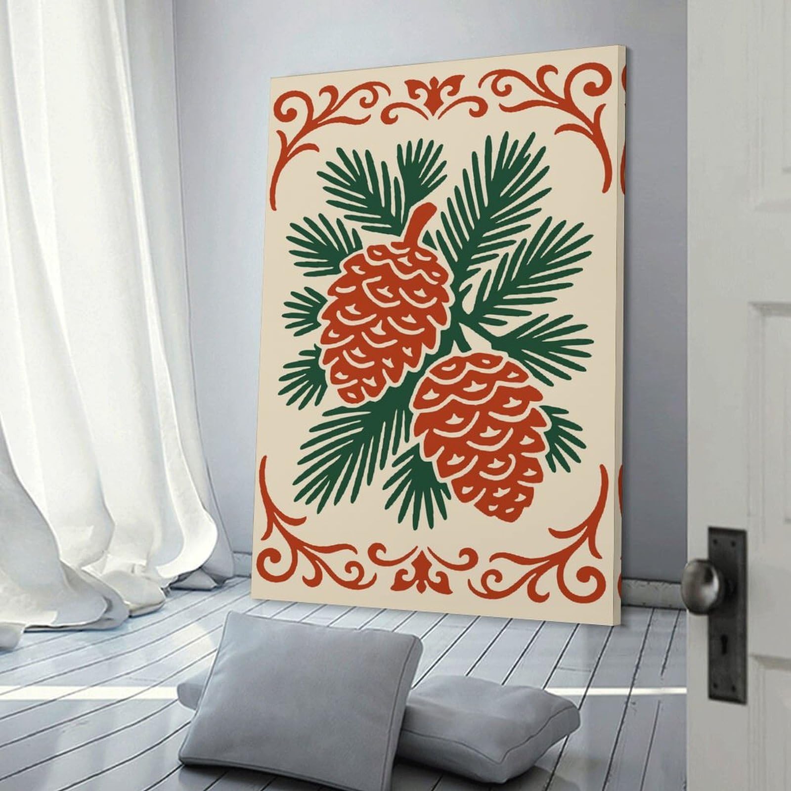 Junmoney Room Decor Wall Art Pinecones And Pine Needles with Ornate Border, 24x36inch(60x90cm), for Gallery Wall Layouts in Home Or Office, Home Wall Art for Statement Displays