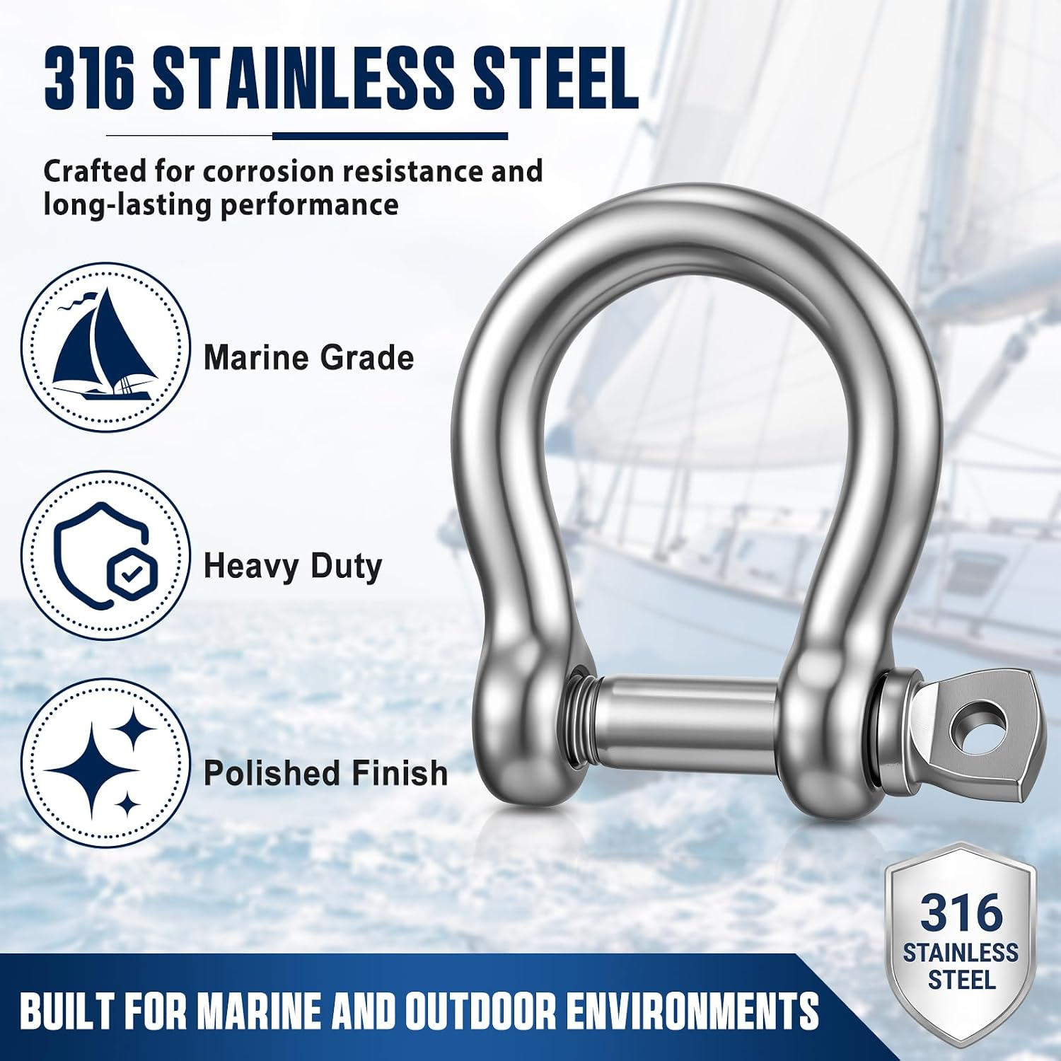 8 Pack 1/2 Inch Bow Shackles 316 Stainless Steel D Ring Shackles | Marine Grade, Anchor Shackle for Boat Towing Chain Strap Rigging, 1920 Lbs Capacity, Corrosion Resistant Durable