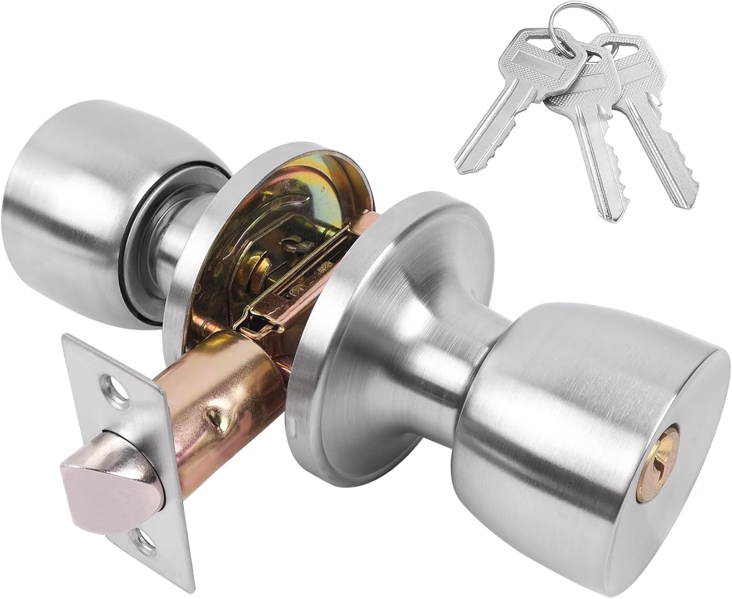 Exterior Door Knob Lock Satin Nickel Door Knob with Lock and Key Door Locks for Bedrooms Door Hardware & Locks 1Pack Silver Door Knob
