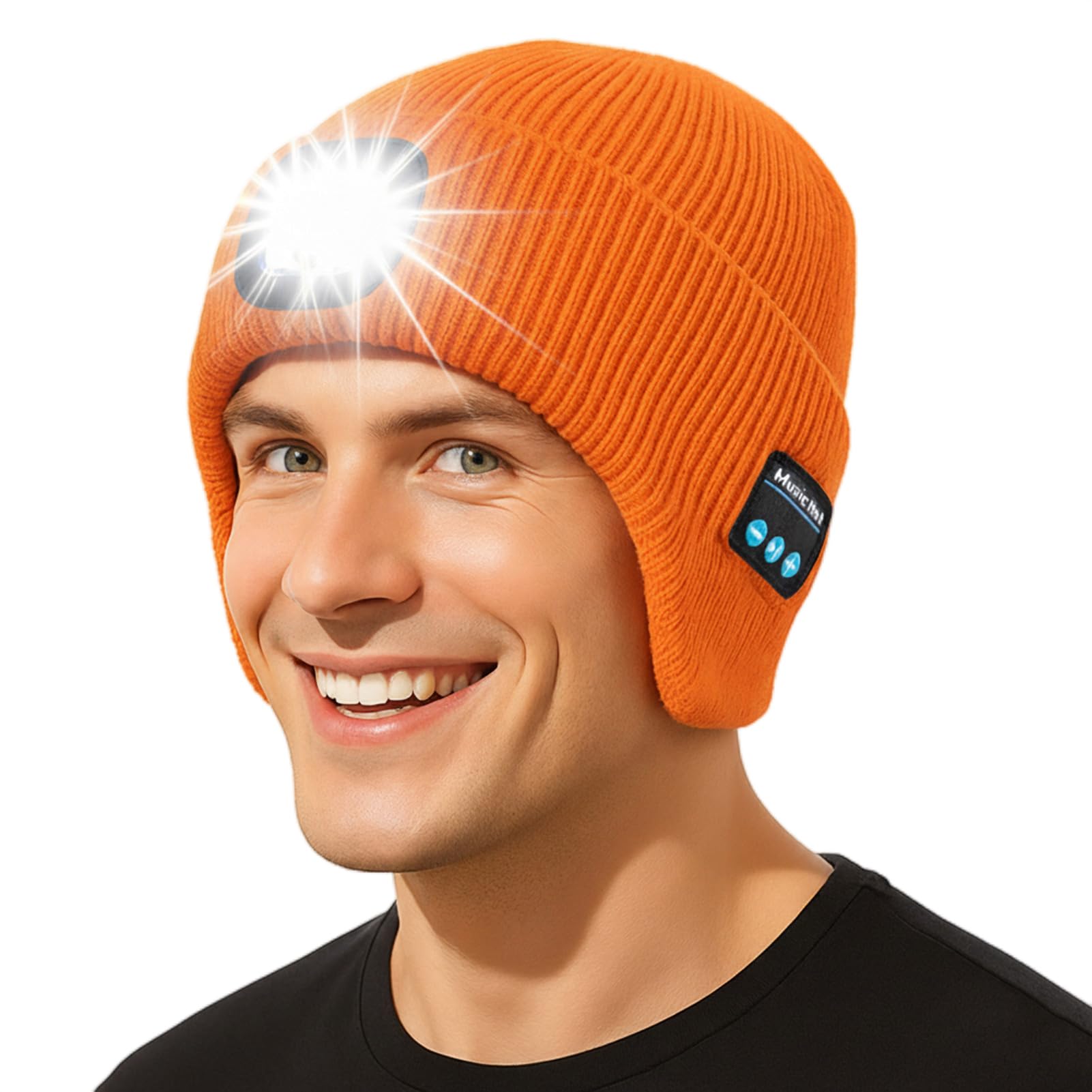 TOP-EX Winter LED Bluetooth Beanies for Men with Ear Flap Christmas Dad Gifts Fleece Lined Cool Stocking Caps USB Rechargeable Headlight Running Big Large M L Orange