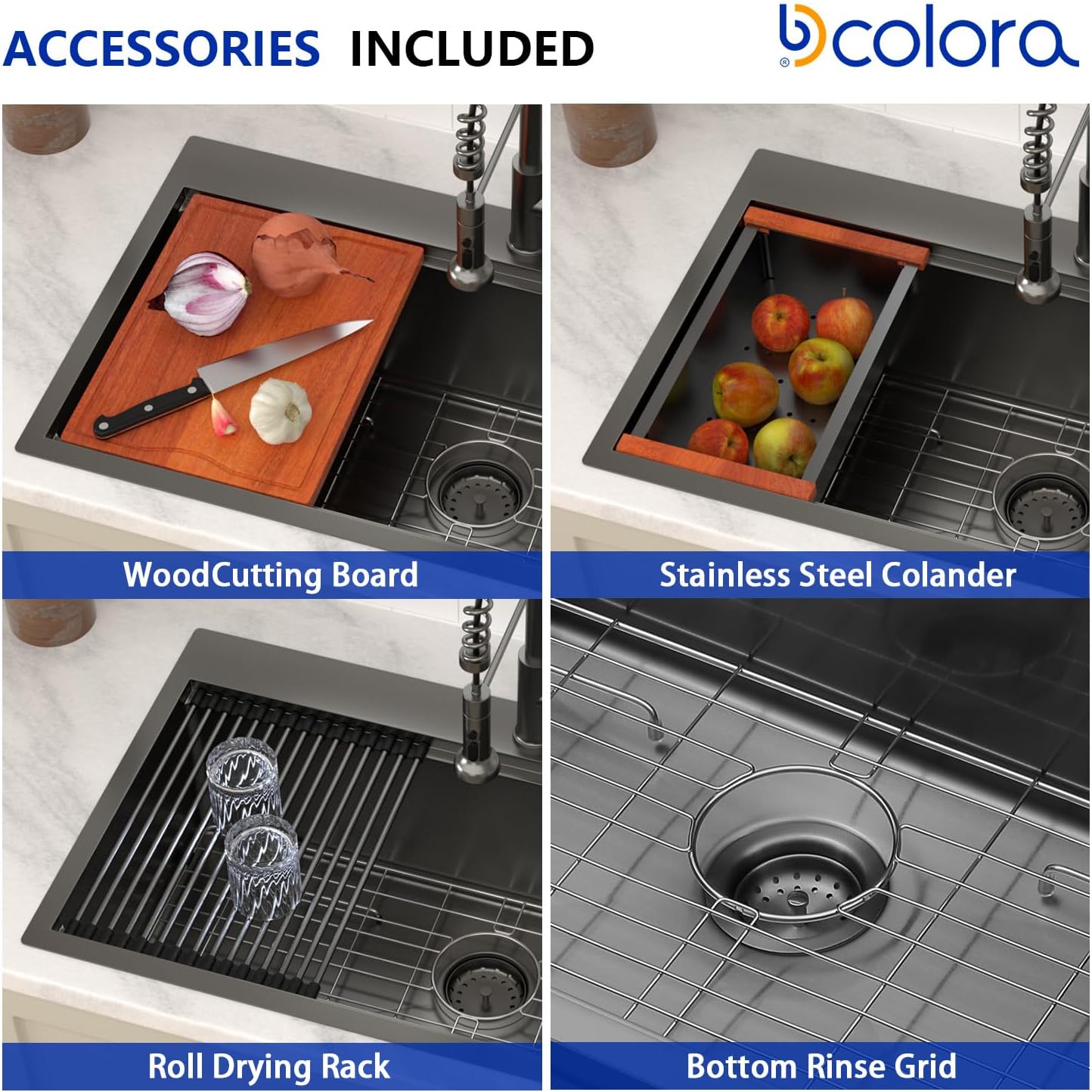 Dcolora 33 in. Black Kitchen Sink Drop In Workstation Sink 16 Gauge 33x22 Black Stainless Steel Nano-Coating Gunmetal Top mount Extra Large Single Bowl Kitchen Sinks, #DC-T7765