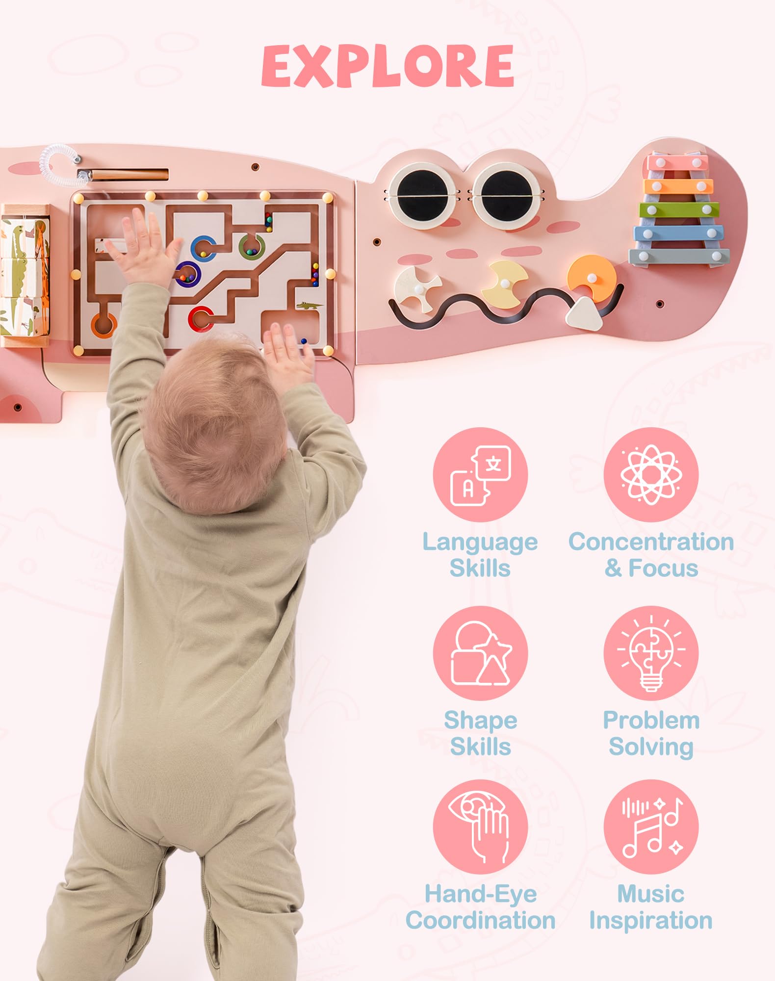 ROBOTIME Elemento da parete - Coccodrillo Activity Board - Tavola in legno - Avventura divertente nella giungla - Multi - Giocattoli interattivi - Selettori di forme - Turnaze - Montessori educativi -