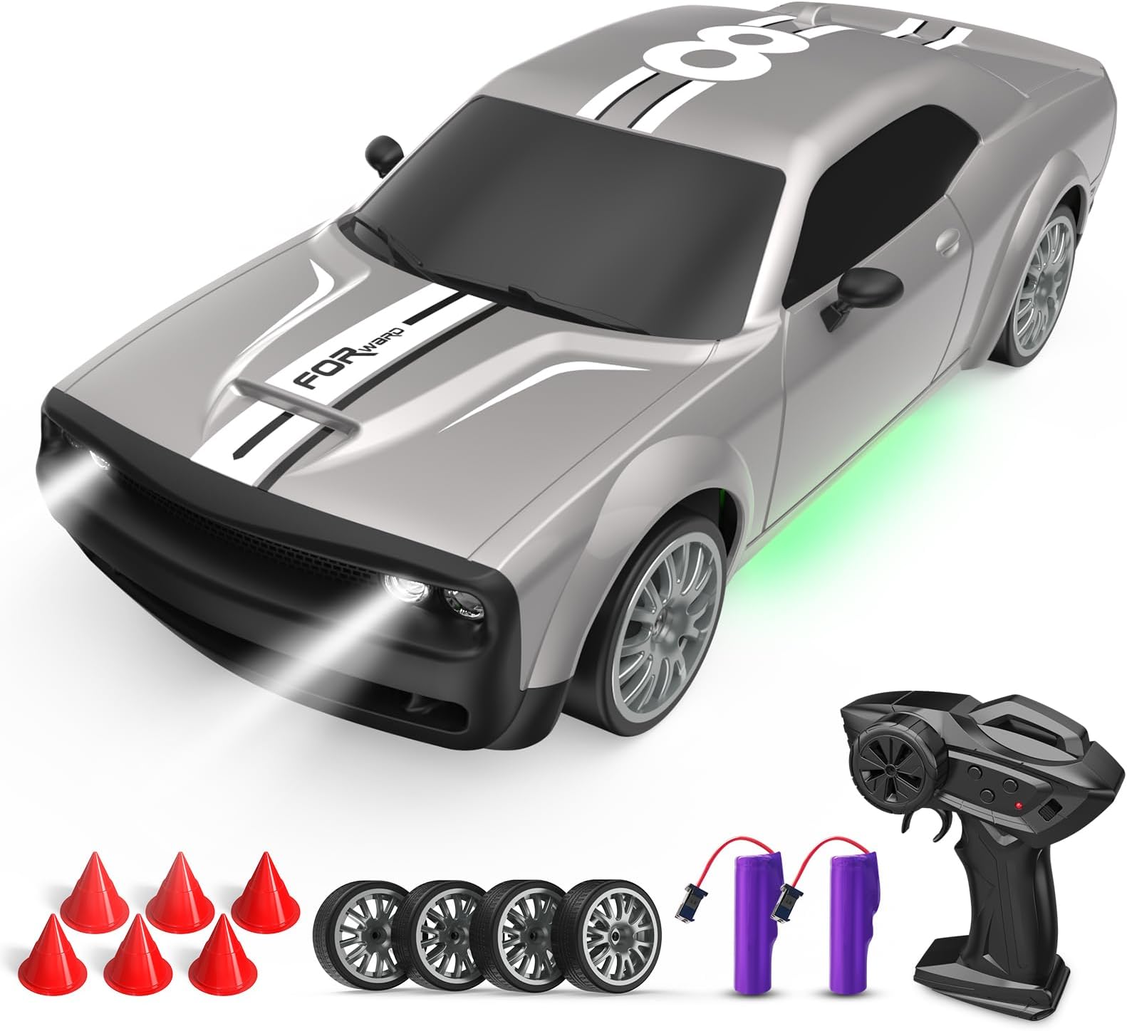 Remote Control Car RC Drift Car 2.4GHz 1:20 Scale 4WD 20KM/H High Speed Remote Control Cars Vehicle with LED Lights Drifting Tire 2Pcs Rechargeable Batteries Toy Cars for Adults Boys Girls (Silver)