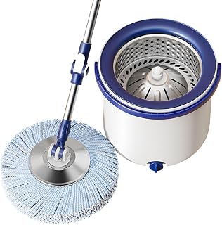 Spin mopp och hink set, teleskopisk mikrofibermopp med vridare, 2 dynor, avtagbar 2 fack hink med dräneringshål för hemmabruk