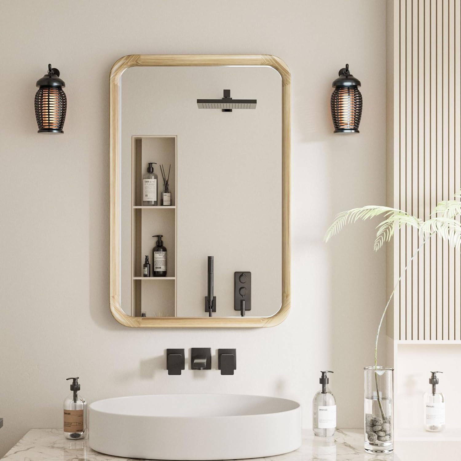 24"x 16" wood wall mirror, rounded corner wood frame natural wood vanity mirror for wall, decorative wooden bathroom bedroom livingroom entryway natural color 24"l x 16"w