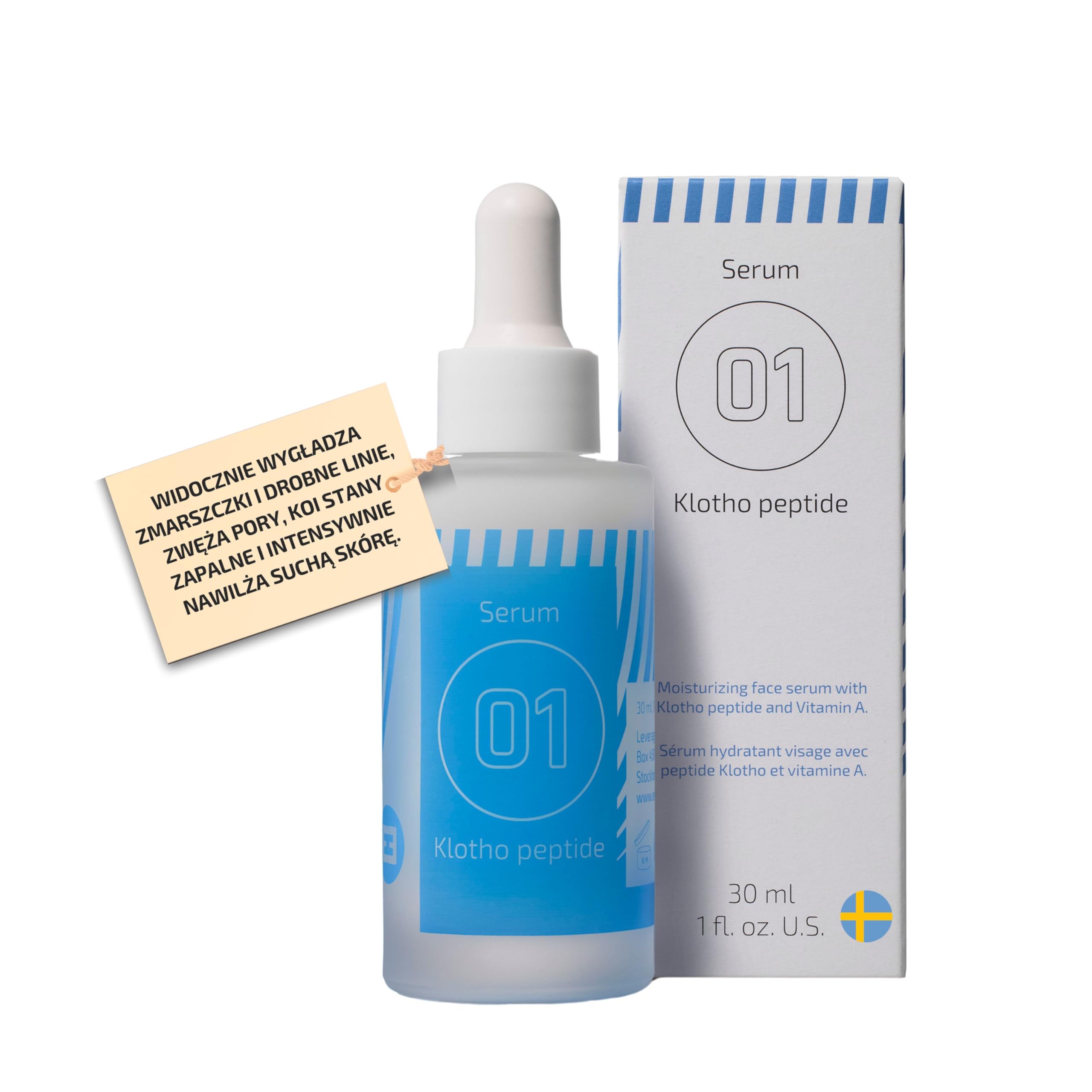 EiE 01 Serum do twarzy z peptydem Klotho – przeciwstarzeniowe i wygładzające z kwasem hialuronowym i retinolem – na zmarszczki i linie mimiczne – wegańskie, bezzapachowe, wyprodukowane w Szwecji 30 ml