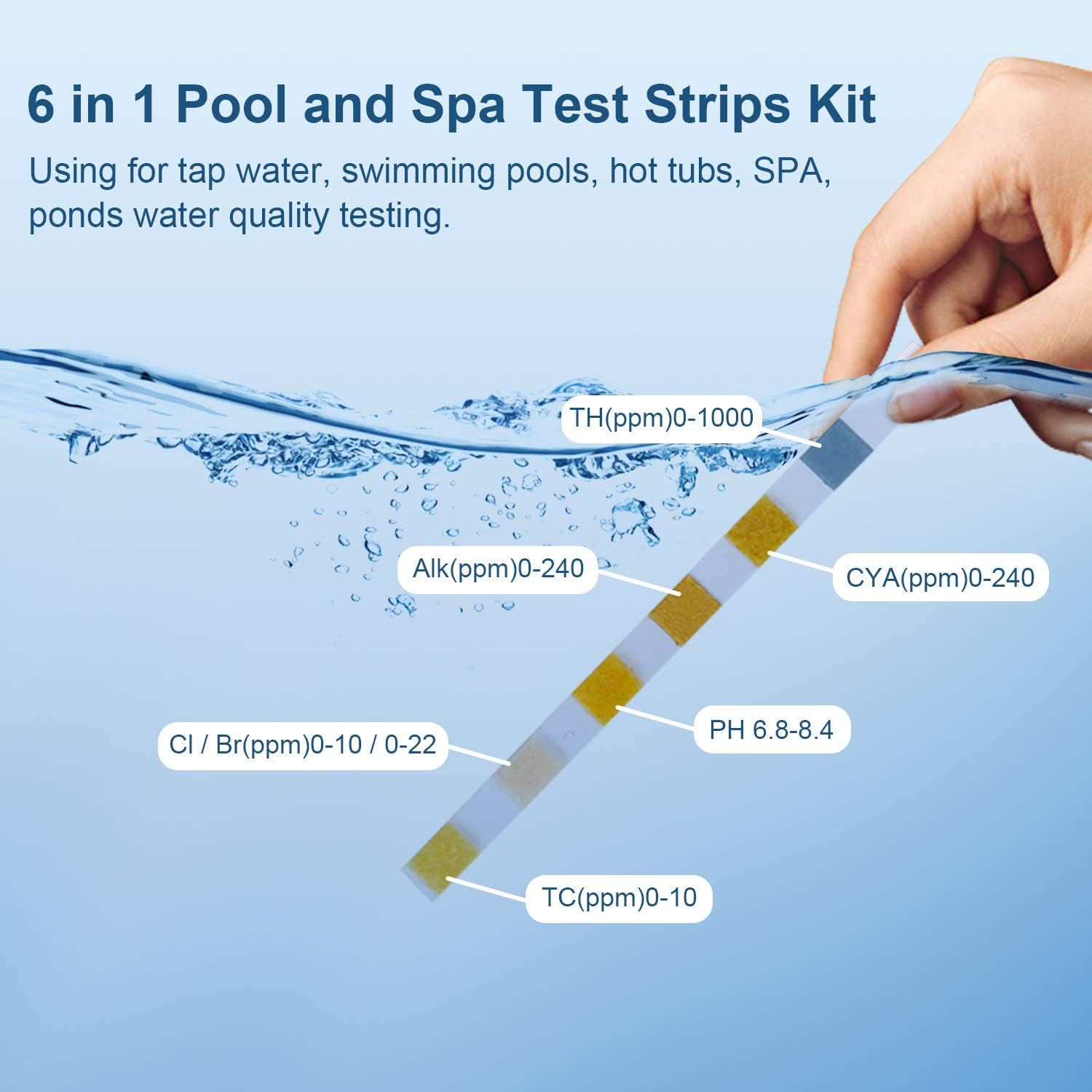 XULIN 100 Pcs Hot Tub PH Test Strips,6 in 1 Test Strips Kit-Swimming Pool Spa Chemicals Test Strips for Rapid Measurement of Residual Chlorine in Water PH Total Hardness Alkalinity for Hot Tubs - Image 5