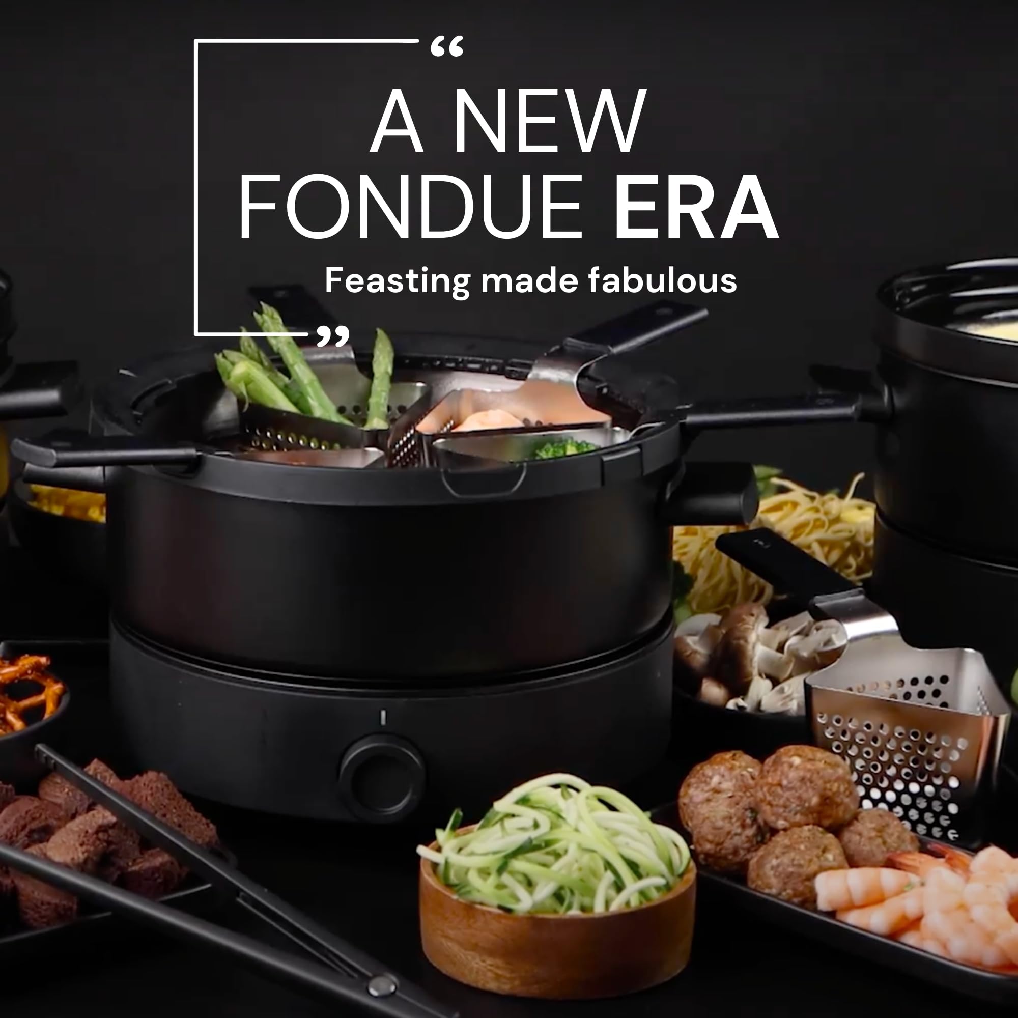 Evolution 3-in-1, Electric Fondue Set for Broth, Cheese & Chocolate. Fondue Pot with Ceramic Double-Boil Bowl, Heat-Resistant Base, Temperature Control, 6 Perforated Baskets &Tongs.