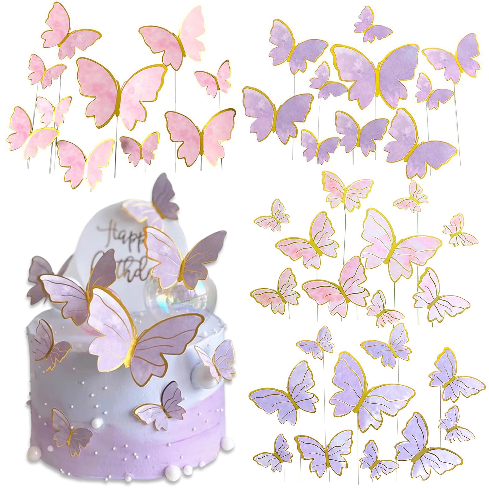 40 Pcs Butterfly Cupcake Toppers Cake Decorations Party Supplies 3D Multicolor Natural Baby Shower Birthday Halloween Wedding Dessert Decor