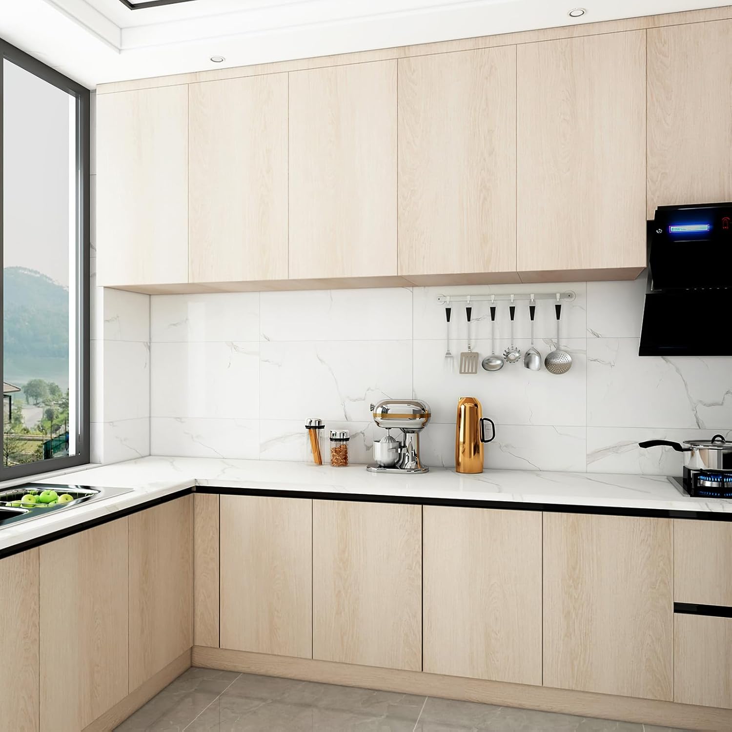 24x197inch Wide Brown Wood Contact Paper Peel and Stick Countertop Oak Walnut Textured Wallpaper Light Wood Grain Vinyl Wrap Air Guide Slot Design Matte Thickened Self-Adhesive Waterproof Wall Sticker