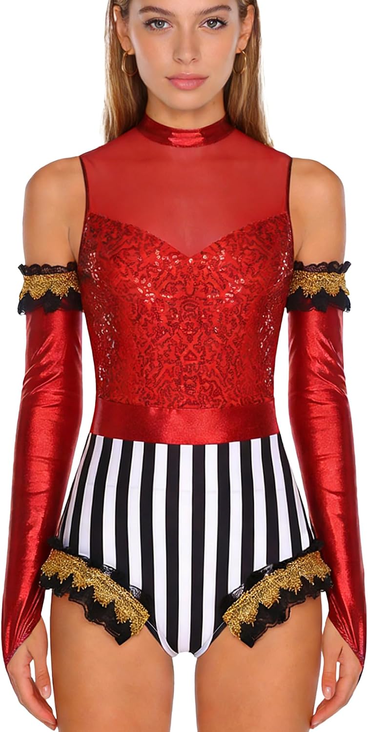 Jugaoge Womens Circus Costumes Bodysuit Ringmaster Cosplay Outfits Set Dance Leotard with Sleeves