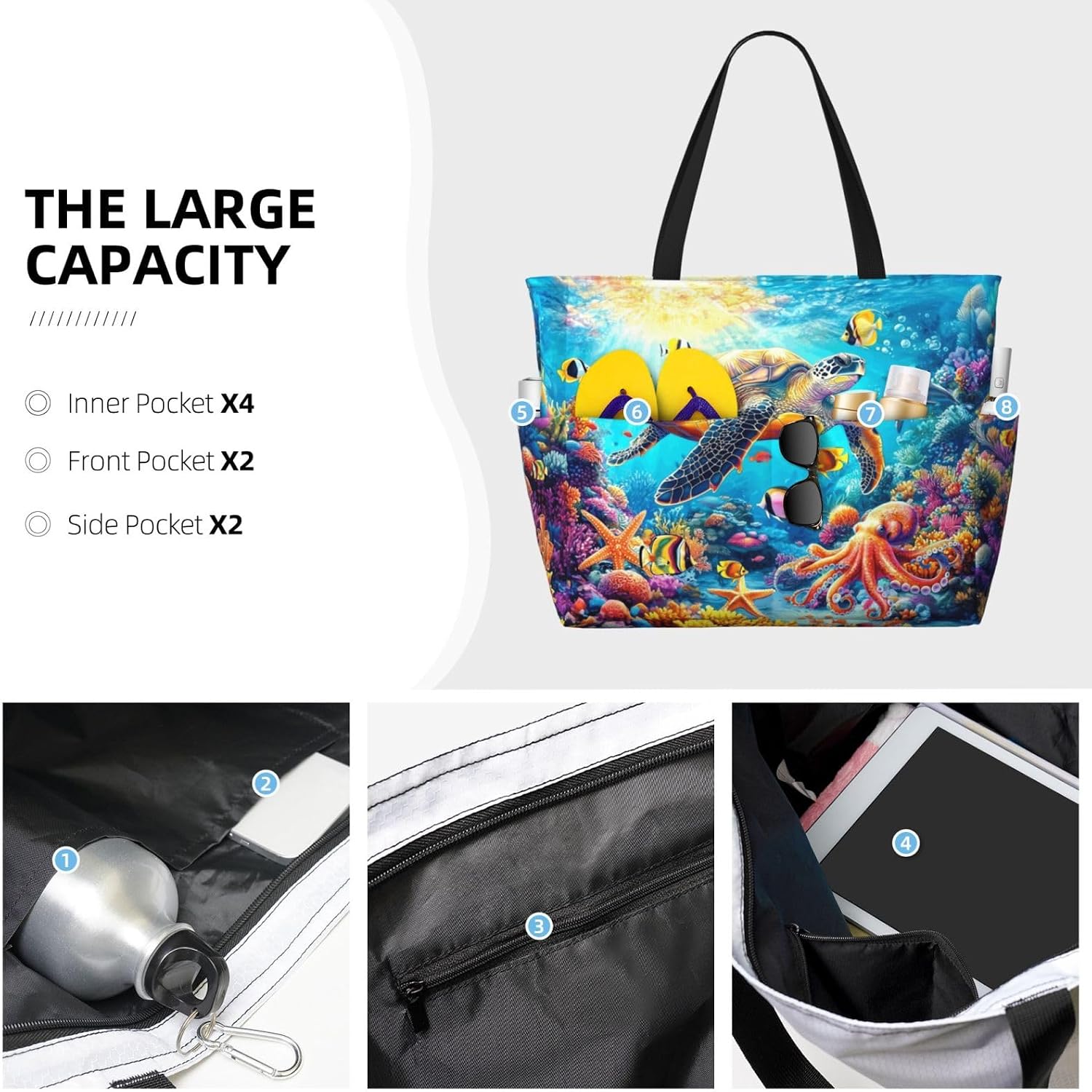 Funny Large Beach Bag For Women Waterproof Sandproof Zipper Beach Tote Bag For Pool Gym Travel with Wet Pocket