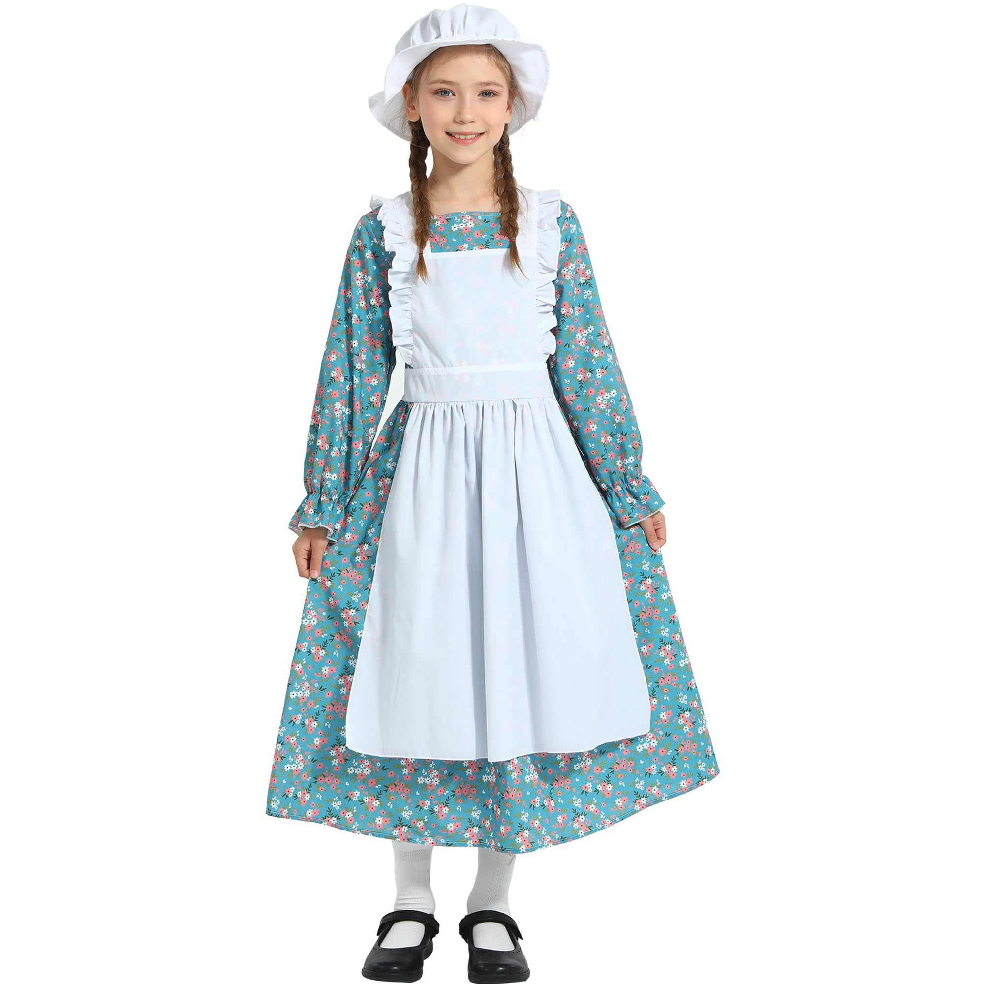 Webeasy Victorian Costume Girl Victorian Maid Costume with Hat, Kids Fancy Dress for Historical School Event 4-6 Years