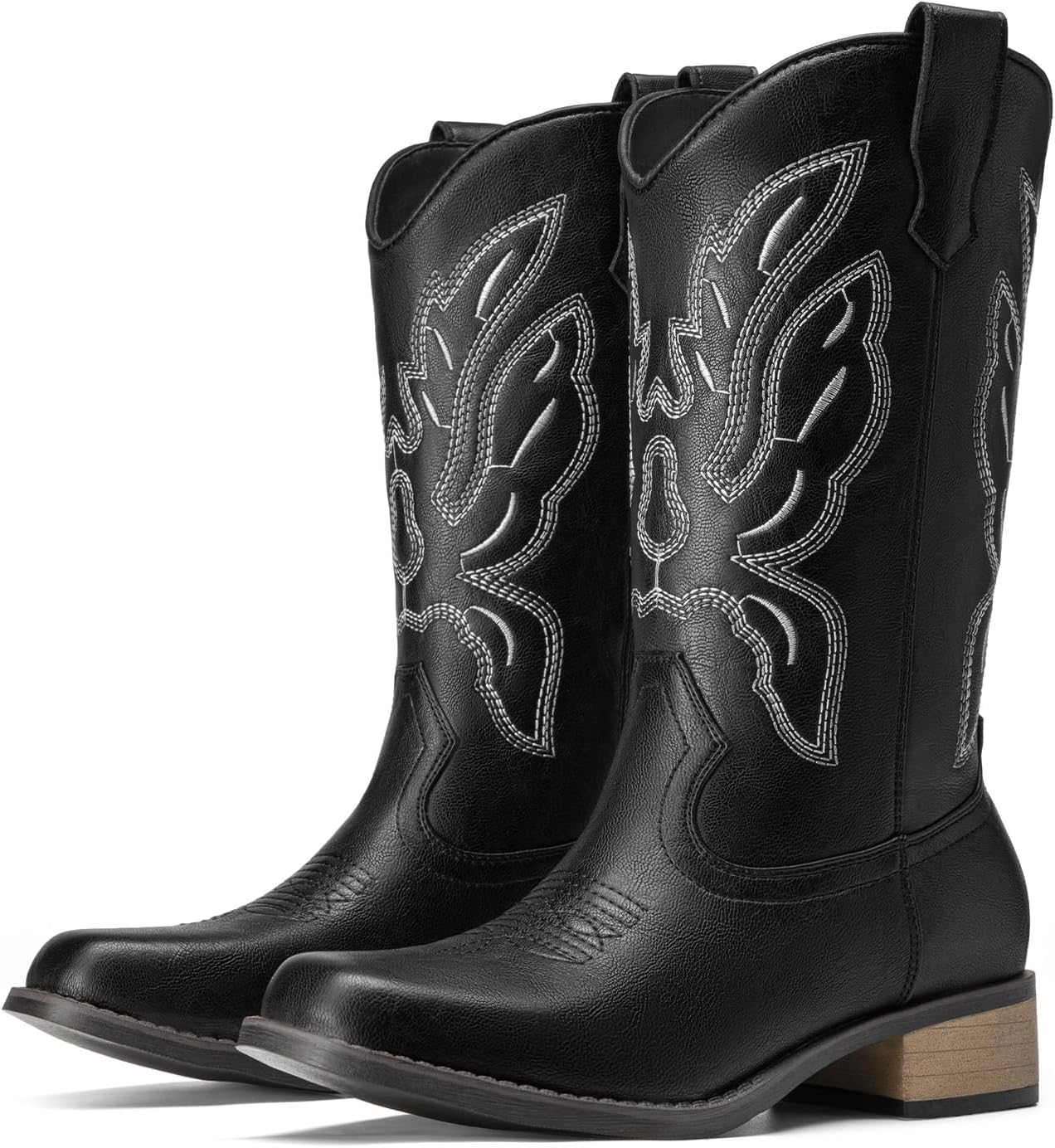 Athlefit Cowboy Cowgirl Boots for Women Mid Calf Square Toe Comfortable Pull On Chunky Heel Embroidery Western Boots