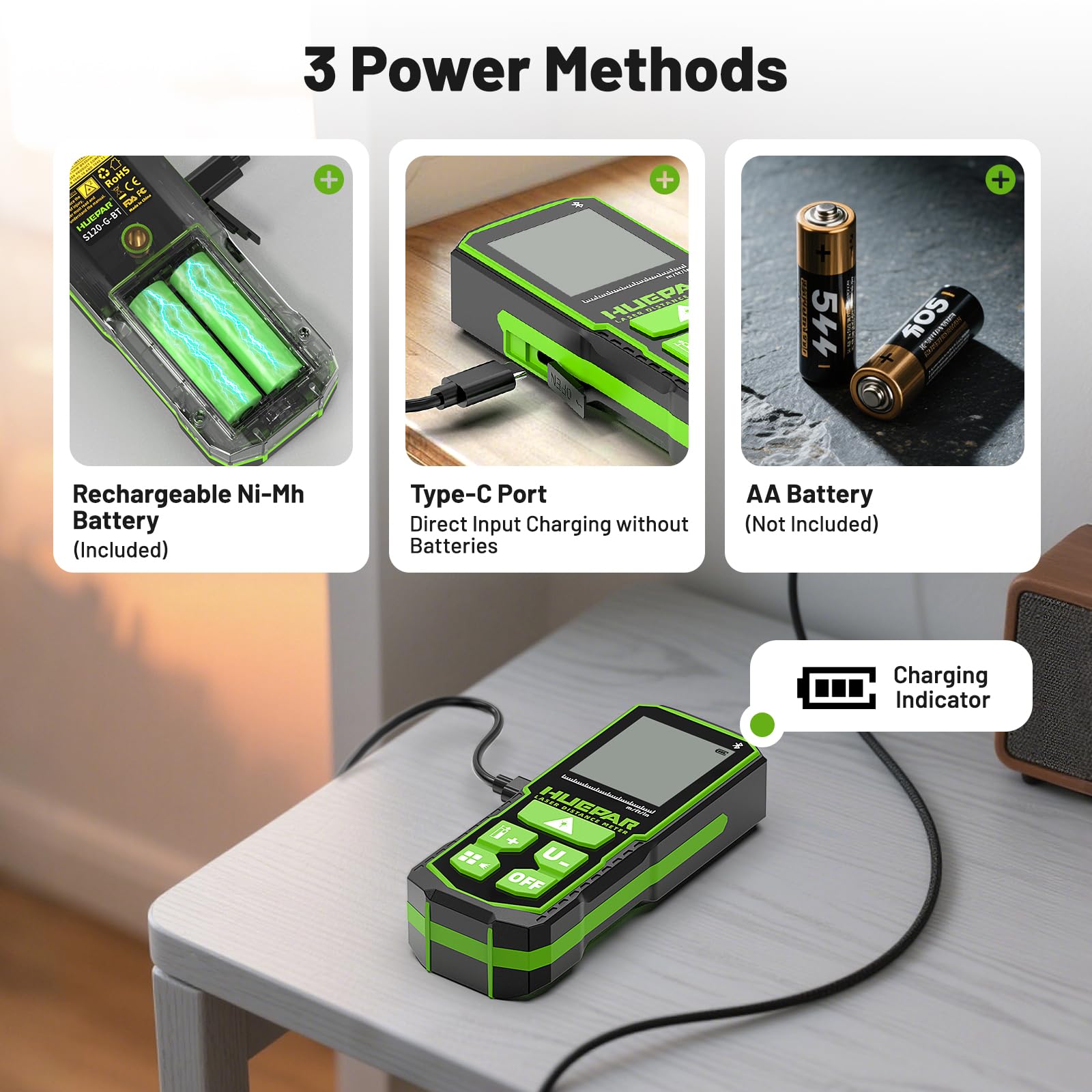 120m Outil de Mesure Laser Vert Huepar avec Contrôle par Application | Distancemètre Bluetooth Rechargeable,Capteur d'angle, Modes Multiples,IP54 Étanche Durabilité pour Maison et Construction