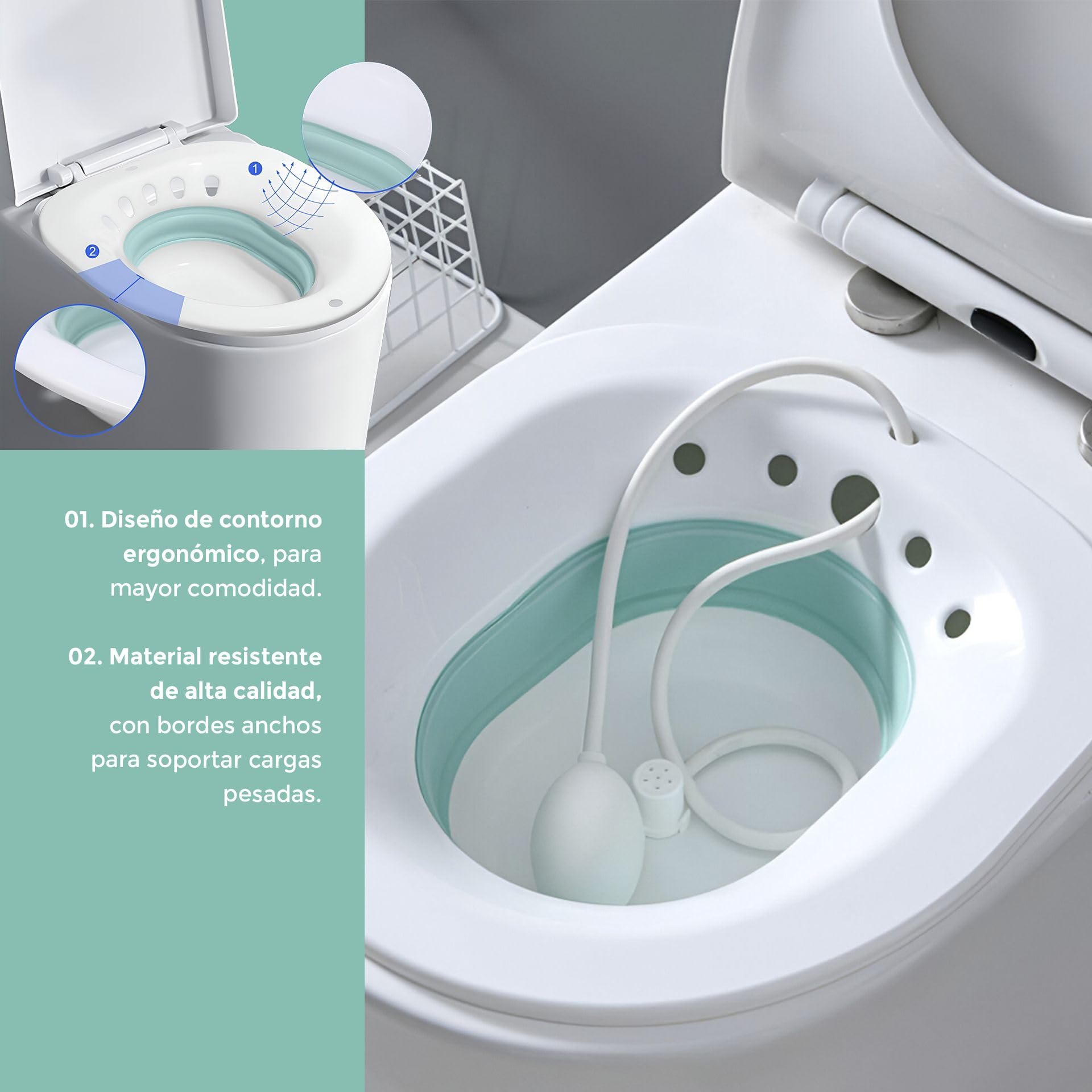 Bidet Portátil para el WC con Bomba y Gancho –,Baño de asiento para inodoro, Antideslizante, Soporta 130 kg, Diseño Ergonómico, Hemorroides, Embarazadas, cuidado postparto-Tratamiento Del Perineo