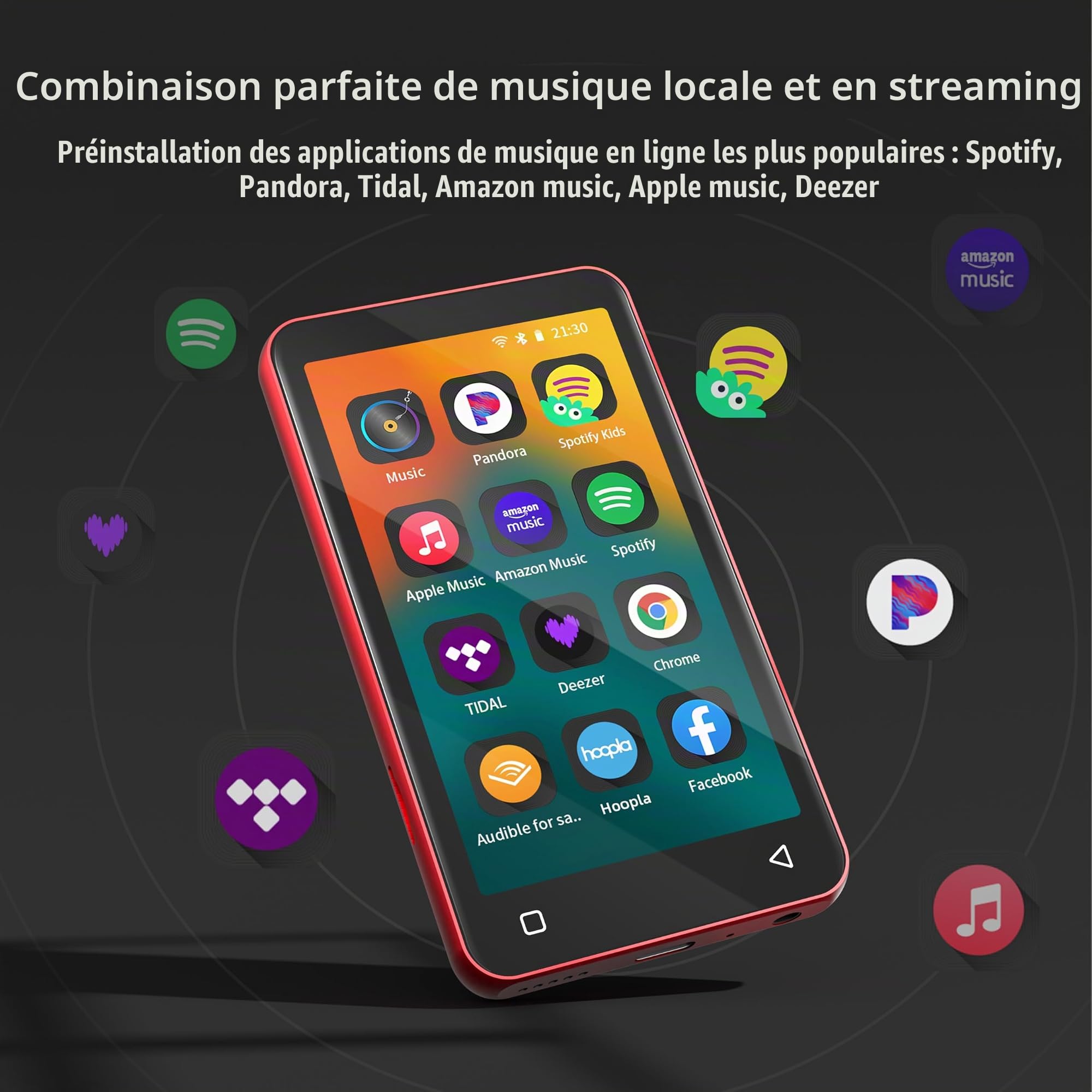 80Go Lecteur MP3 avec Bluetooth et Wi-FI, écran Tactile Complet de 10.2 cm, Lecteur MP4 MP3 avec Spotify, Son HiFi Portable, Lecteur Audio numérique avec Haut-Parleur（Rouge Noir