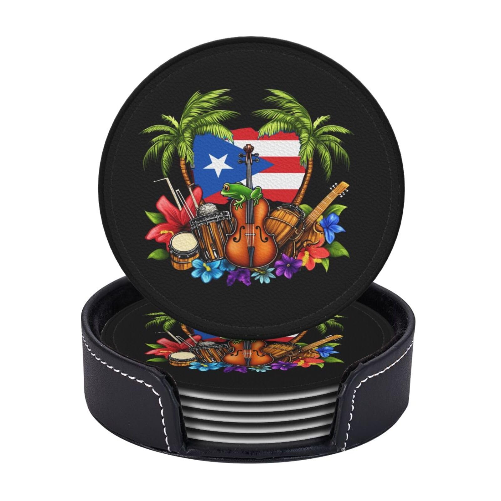 6 Pack Puerto Rico Culture Leather Coasters for Drinks with Holder Sets - Cute Flag Heat Resistant Drink Table Cup Coasters for Kitchen Dining Cafe