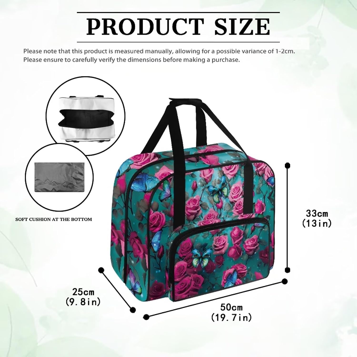 Retro Butterfly Rose Sewing Machine Carrying Case with Storage Pockets, Universal Tote Bag with Bottom Pad Compatible with Most Standard Singer, Brother