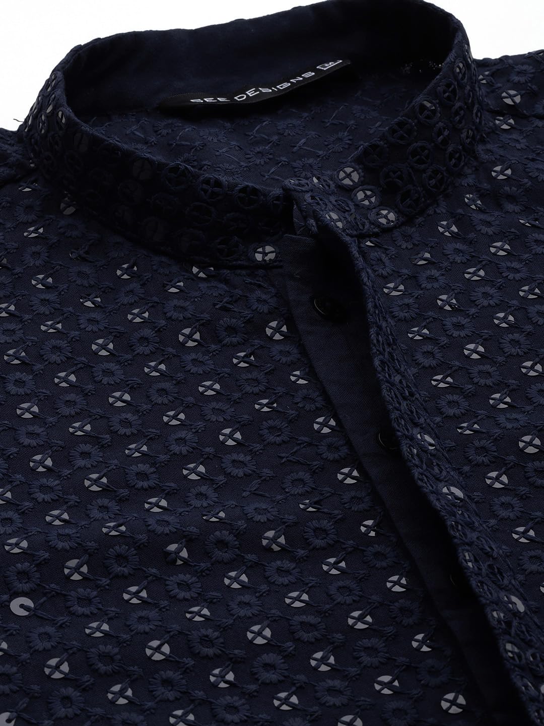 See Designs Men Navy Blue Floral Embroidered Sequined Rayon Kurta - Sd2Ekt_1297Xs