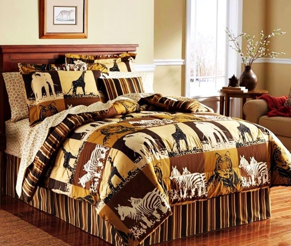 8pc Full Size African Safari Animal Silhouette Comforter, Sheets, Pillow Shams and Bedskirt (Bed in a Bag)