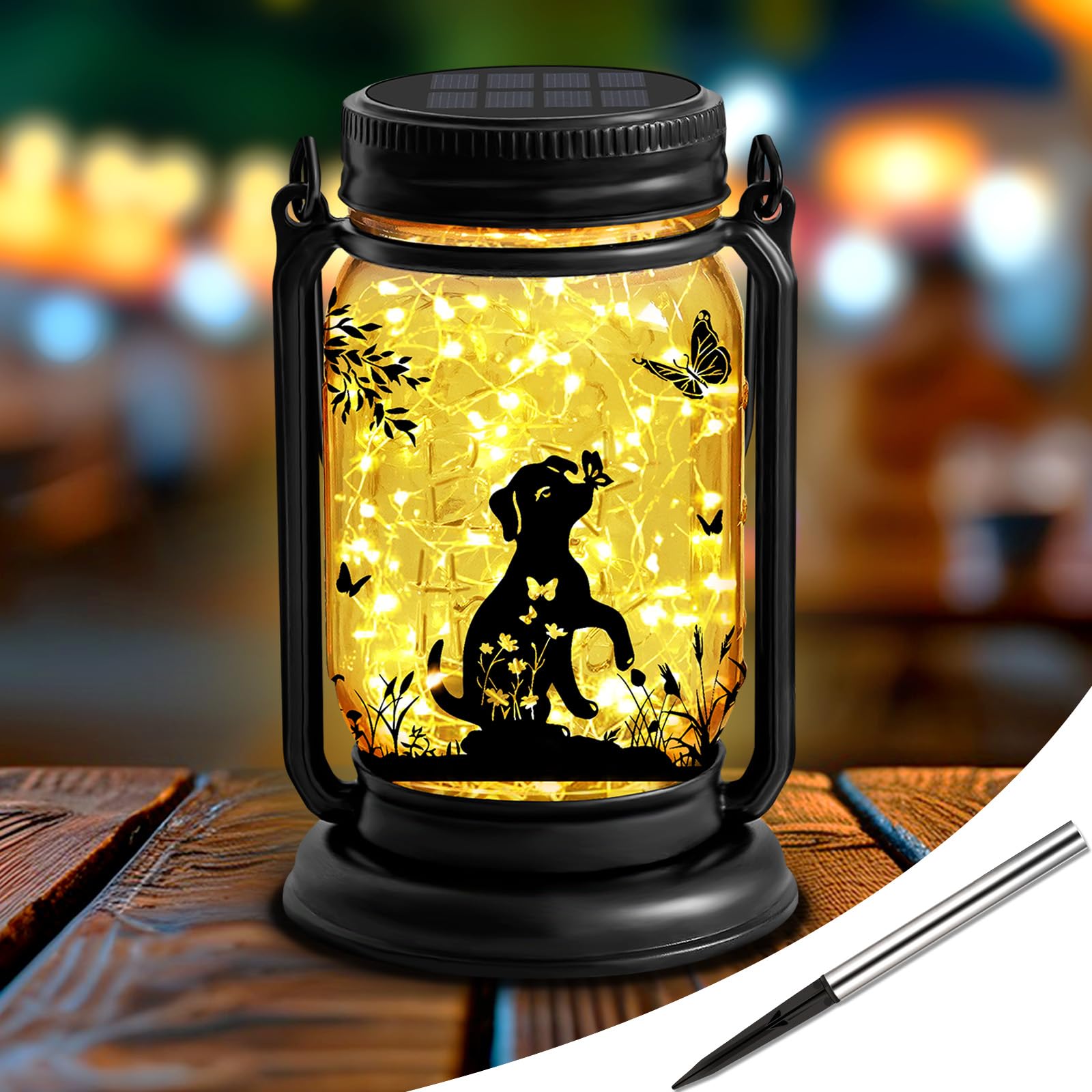 YJFWAL Hund Solar Outdoor Laternen wasserdicht, Hund für Frauen Mutter Weihnachten, 3-in-1 Maurer Glas hängende Laternen mit Stake, Garten Dekor Lichter für Patio Hof Veranda Rasen Balkon