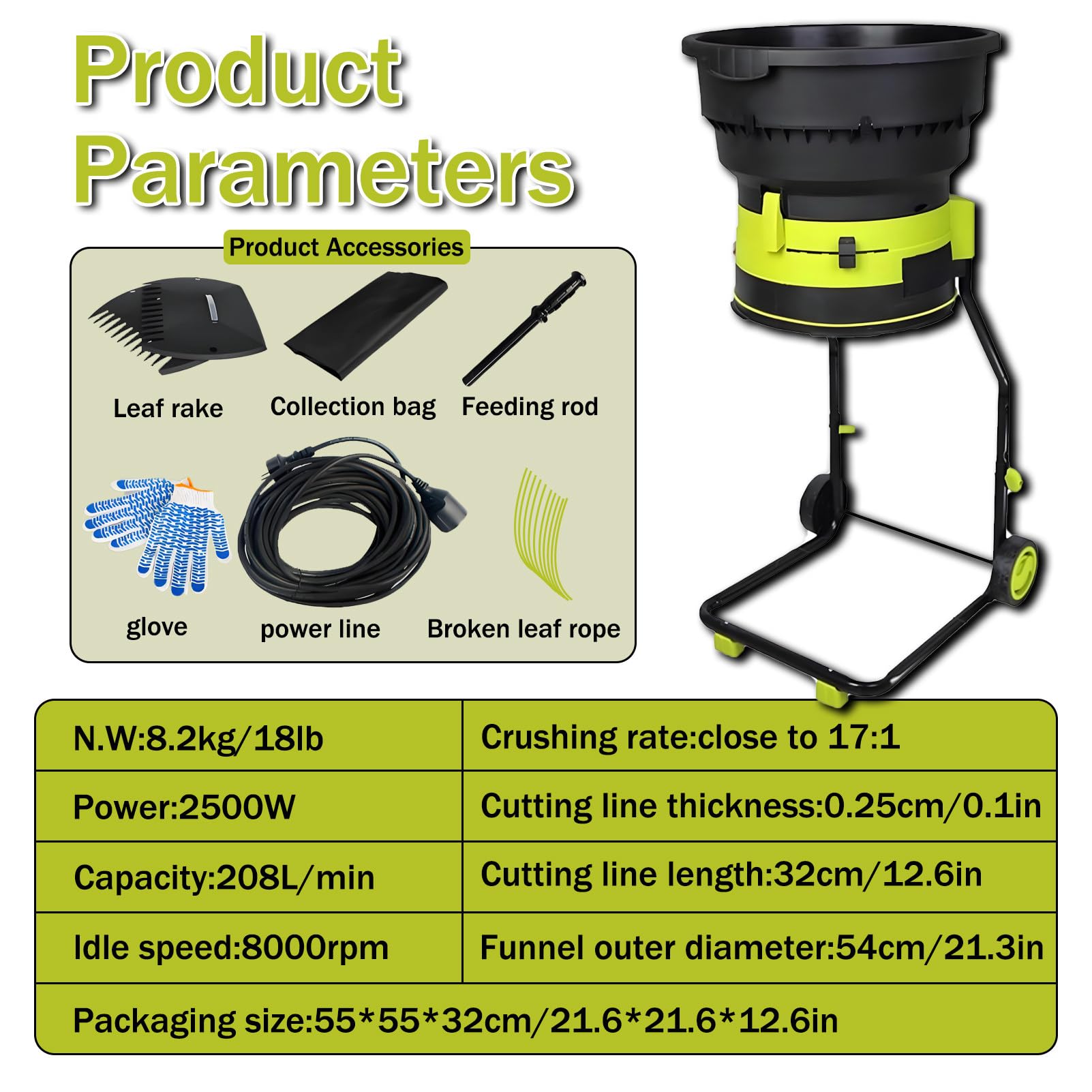 Trituradora de Hojas eléctrica, trituradora de Hojas para jardín, trituradora de 8000 RPM, diámetro de Control Ajustable con Palas para Hojas y líneas de Corte. 10MPowerCord