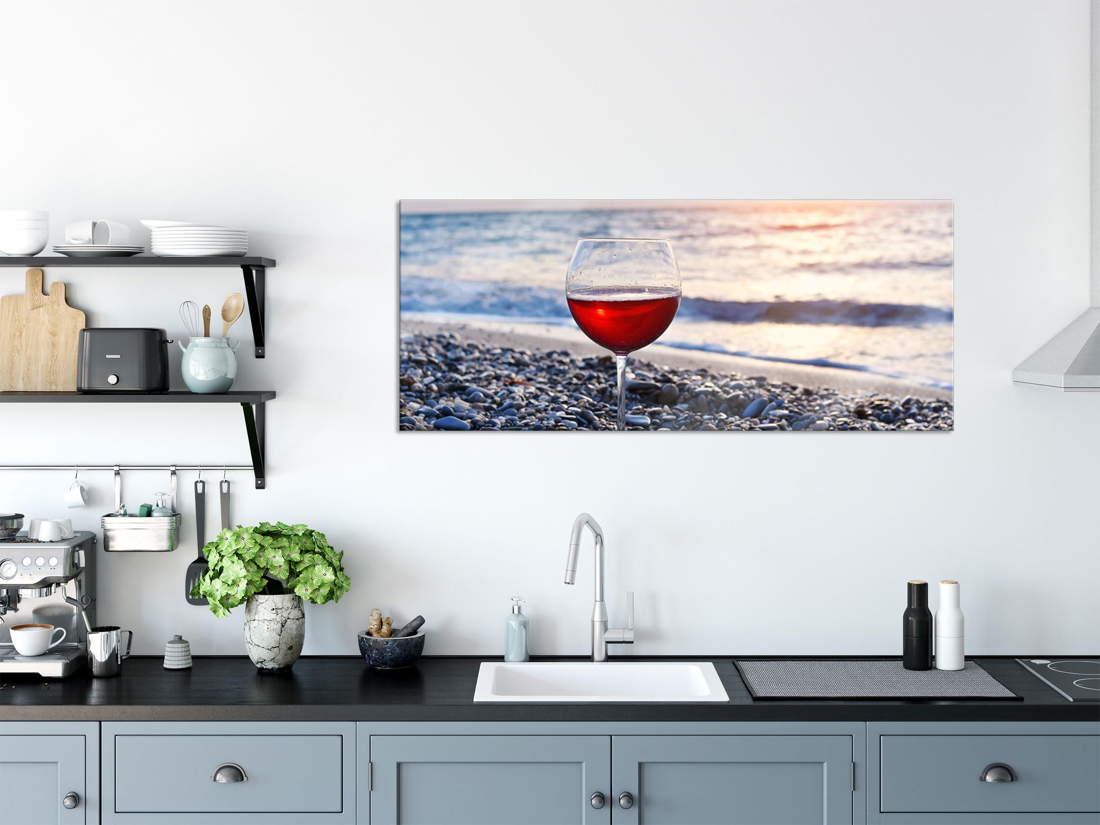 Pixxprint Glasbild Panorama, Wandbild aus Echtglas, Weinglas am Strand, 120x50 cm, inkl. Aufhängung und Abstandshalter