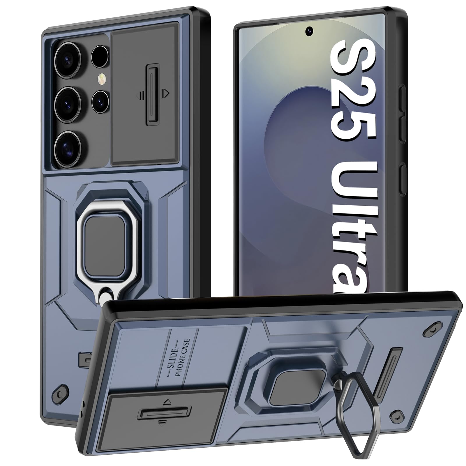 Vanki Hülle für Samsung Galaxy S25 Ultra: Mit Slide Camera Kameraschutz Schutzhülle Drehbarer Fingerring Ständer Militärqualität Stoßfest Bumper Handyhülle für Samsung S25 Ultra Case (Darkblau)