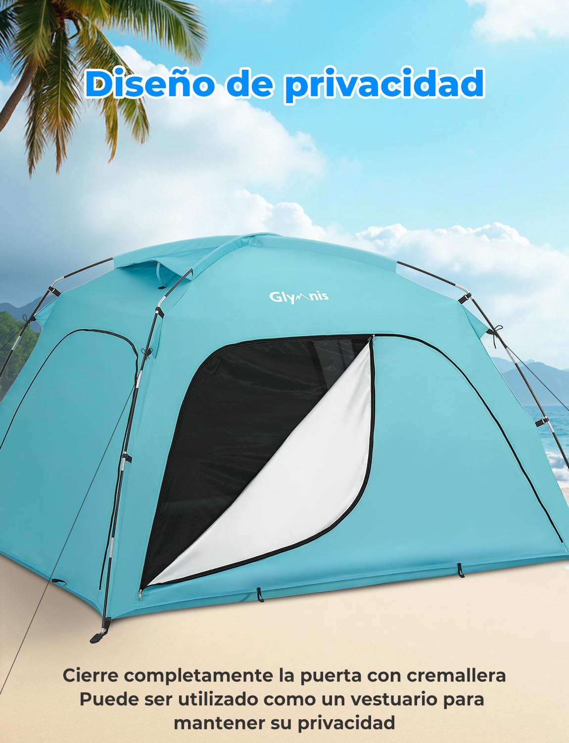 Glymnis Tienda de campaña grande para 3-4 personas, protección UV, refugio solar portátil, ideal para playa, picnic y pesca